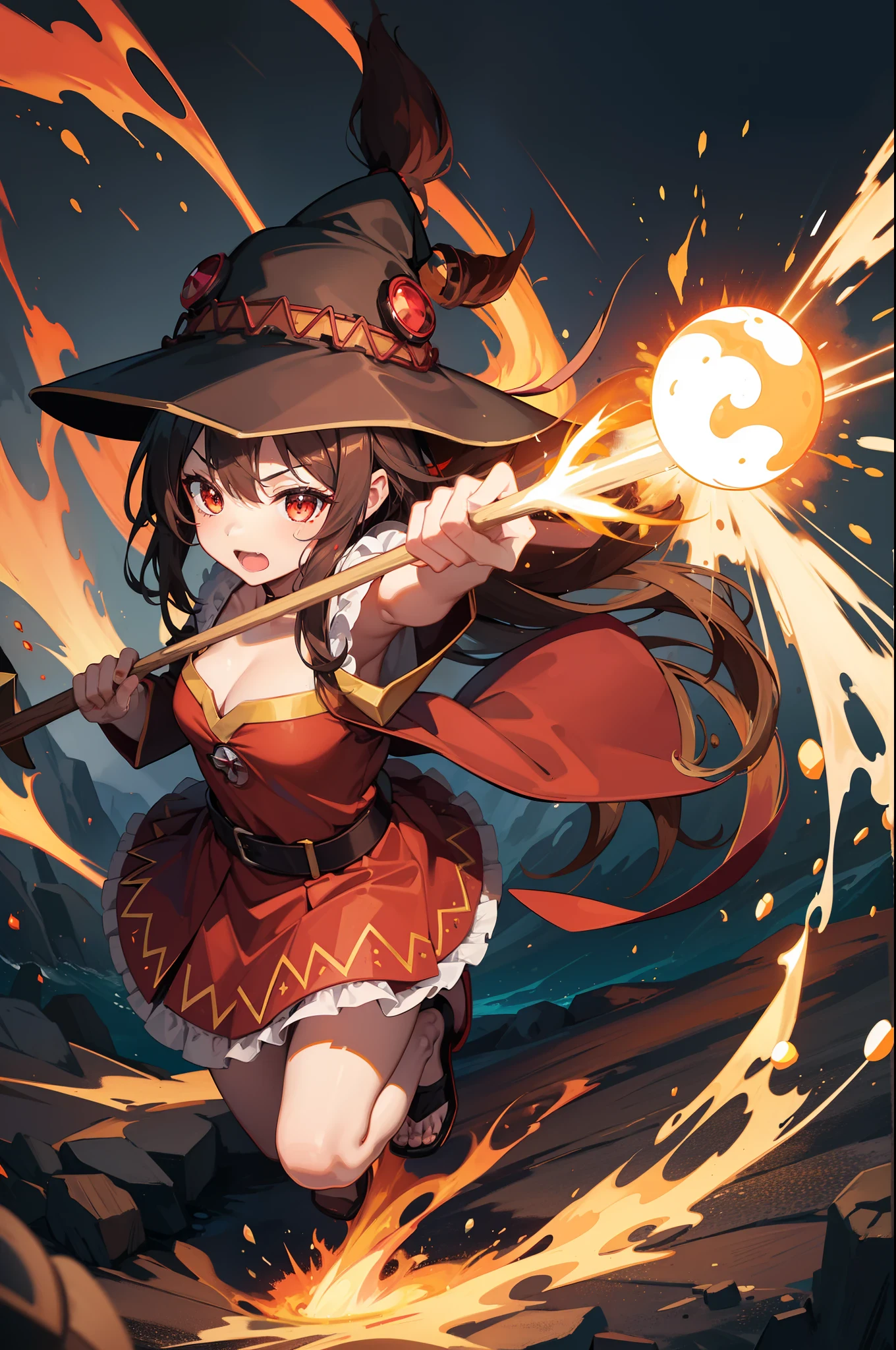 Megumin, witch hat, fire explosion element, efeito de queima, master part, pequeno, Forma perfeita do corpo, maquiagem leve, fundo do campo com limo, Holding wooden stick with ruby, bandagem, in Japan, foto 4k