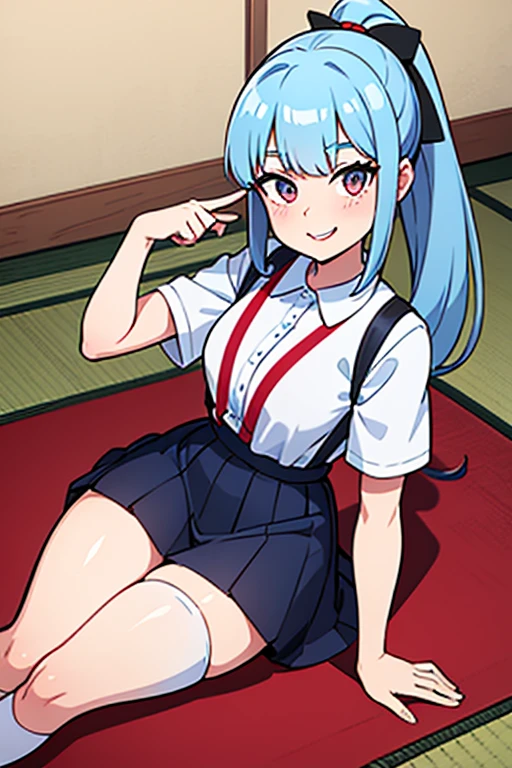 Young girls，double-ponytail，Pale blue hair，red color eyes，JK school uniform，solo person，Maid skirt，white stockings，White knee-length socks，Suspenders，looking to the camera，in a panoramic view，Lying on the couch，Five black males，White T-shirt，denim pant，Smiling at the girl，Masterpiece，Best quality，Japanese style binding，tatami mats，bedroom background，4k，Outstanding work。