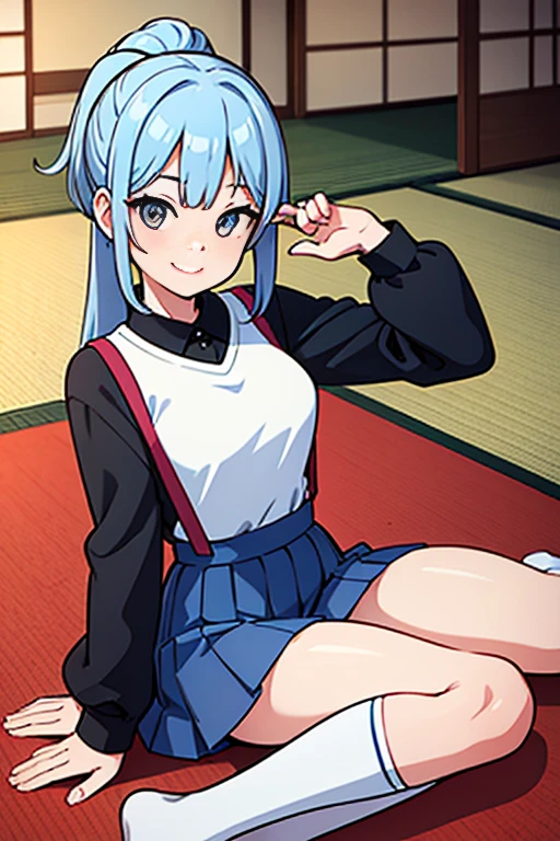 Young girls，double-ponytail，Pale blue hair，red color eyes，JK school uniform，solo person，Maid skirt，white stockings，White knee-length socks，Suspenders，looking to the camera，in a panoramic view，Lying on the couch，Five black males，White T-shirt，denim pant，Smiling at the girl，Masterpiece，Best quality，Japanese style binding，tatami mats，bedroom background，4k，Outstanding work。