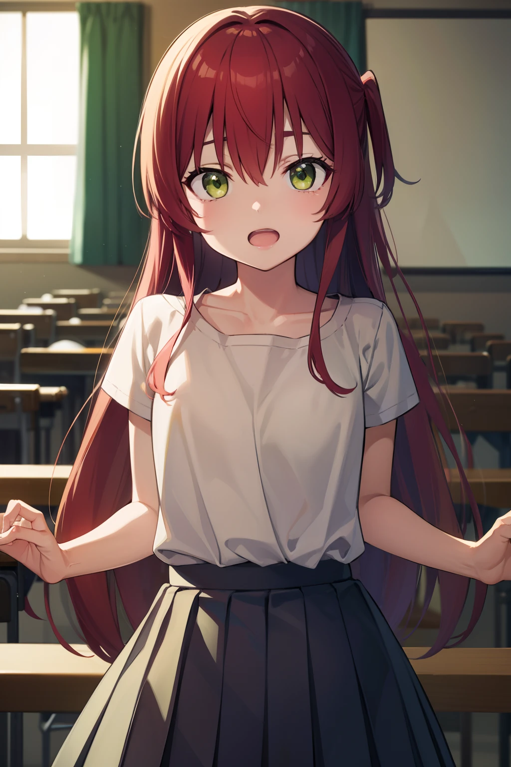 kitaikuyo, ikuyo kita, (green eyes:1.5), hair between eyes, long hair, one side up, red hair, (flat chest:1.2),
BREAK black footwear, black skirt, grey sailor collar, pleated skirt, sailor collar, school uniform, shoes, short sleeves, shuka high school uniform, skirt,,
BREAK looking at viewer,
BREAK indoors, classroom,
BREAK (masterpiece:1.2), best quality, high resolution, unity 8k wallpaper, (illustration:0.8), (beautiful detailed eyes:1.6), extremely detailed face, perfect lighting, extremely detailed CG, (perfect hands, perfect anatomy),up chest.big breasts.Sad face.open mouth.