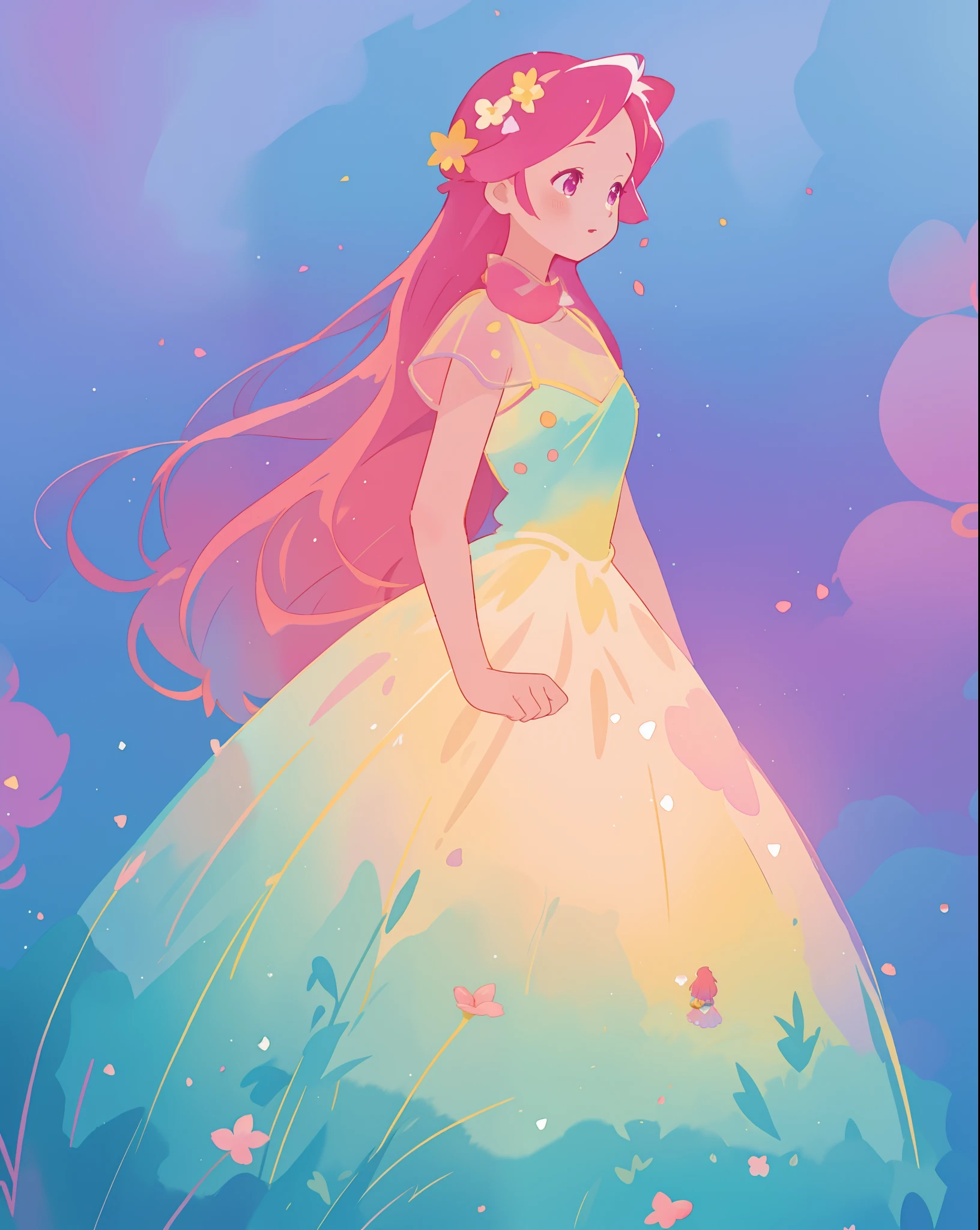 beautiful girl in colorful gradient puffy ballgown, long flowing dark pink hair, colorful fantasia background, sparkling, watercolor illustration, disney art style, beautiful digital illustration, fantasia otherworldly landscape plants flowers, beautiful, masterpiece, best quality, anime disney style
