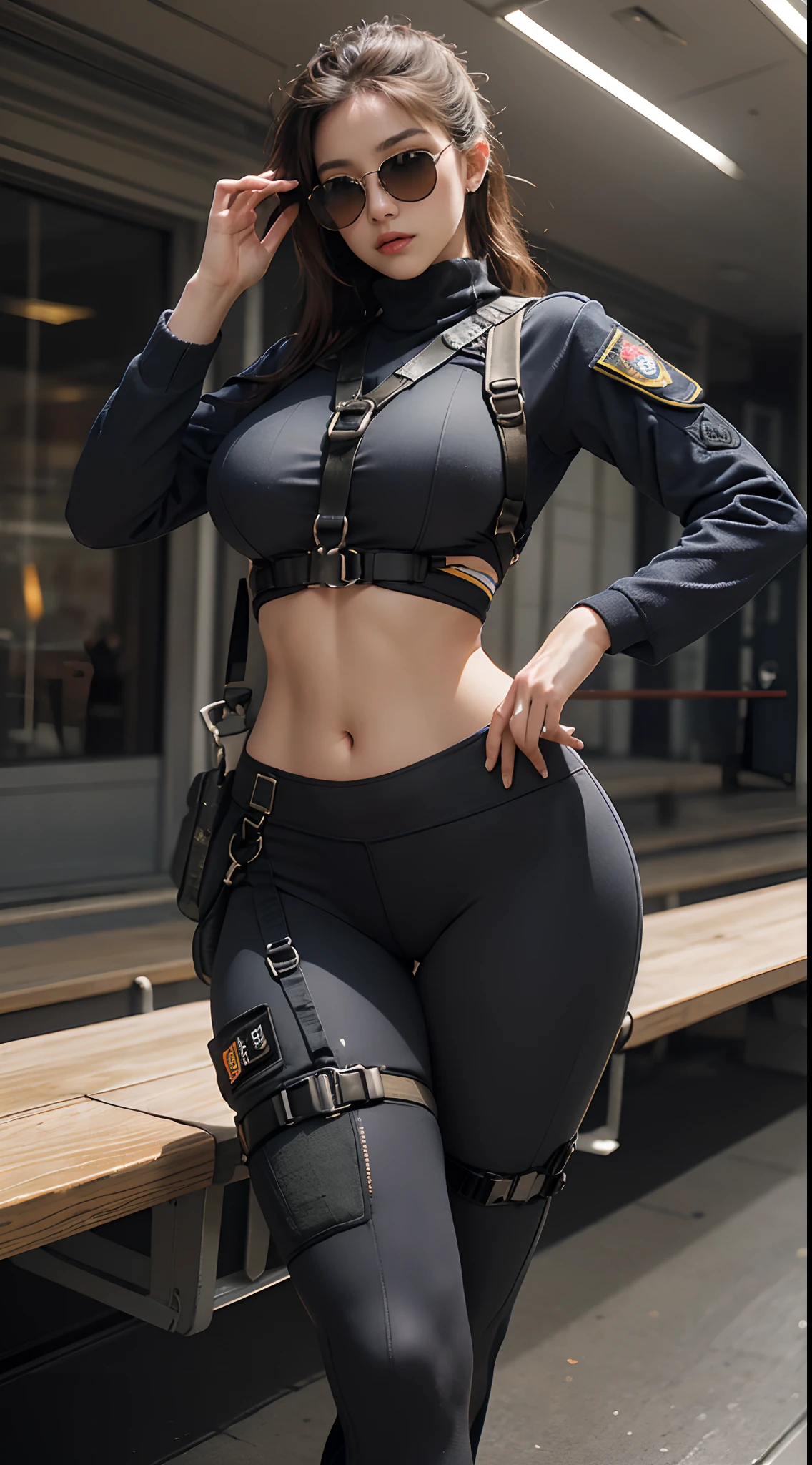 (Highest image quality, outstanding details, ultra-high resolution), 1 girl, suit((futuristic military outfit inspired by white yoga pants, military harness, military gears such as pouches, aviation sunglasses)), (glamour body, curvy body, buffed and muscular body, tight abs), background(in the military base), (dynamic pose)