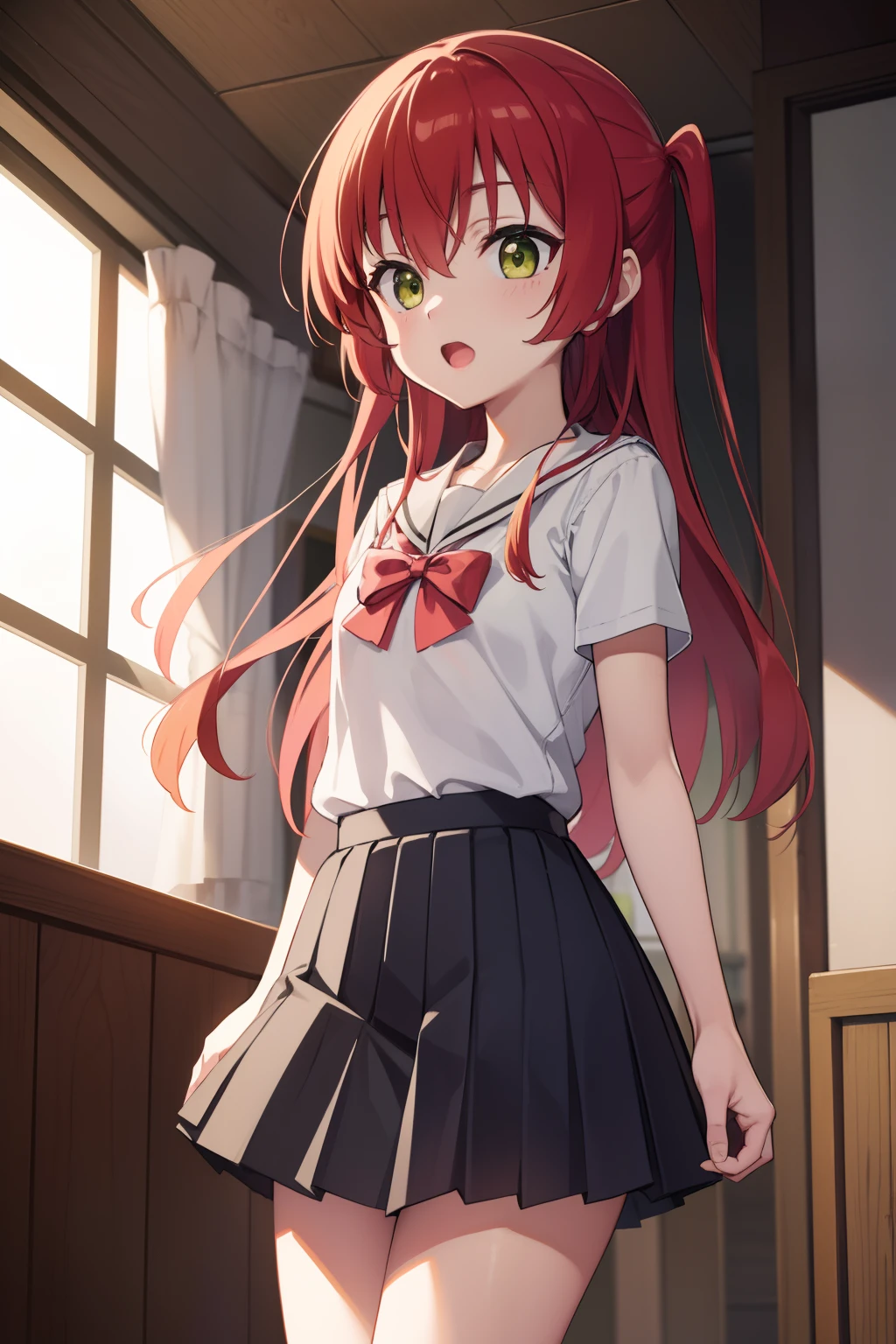 girl, green eyes, twins tail long red hair, bangs. she hair wavy. wear purple t shirt, arogant, independent woman, thug. bad girl. itimidating women. kind smile. background in mansion.