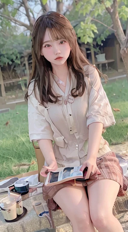 8K分辨率、Ultra-detailed CG footage、1girl in, japanese girl, (Sitting on the grass leaning against a tree, Reading a book, Knees together, Feet apart, up skirt, exposed vagina, (hairy:1.1), (Pubic hair:1.1), (view from front, low angles), Onepiece, Detailed, morning, Sunrise, High resolution, ultra-quality, Super masterpiece, Colored leaves,