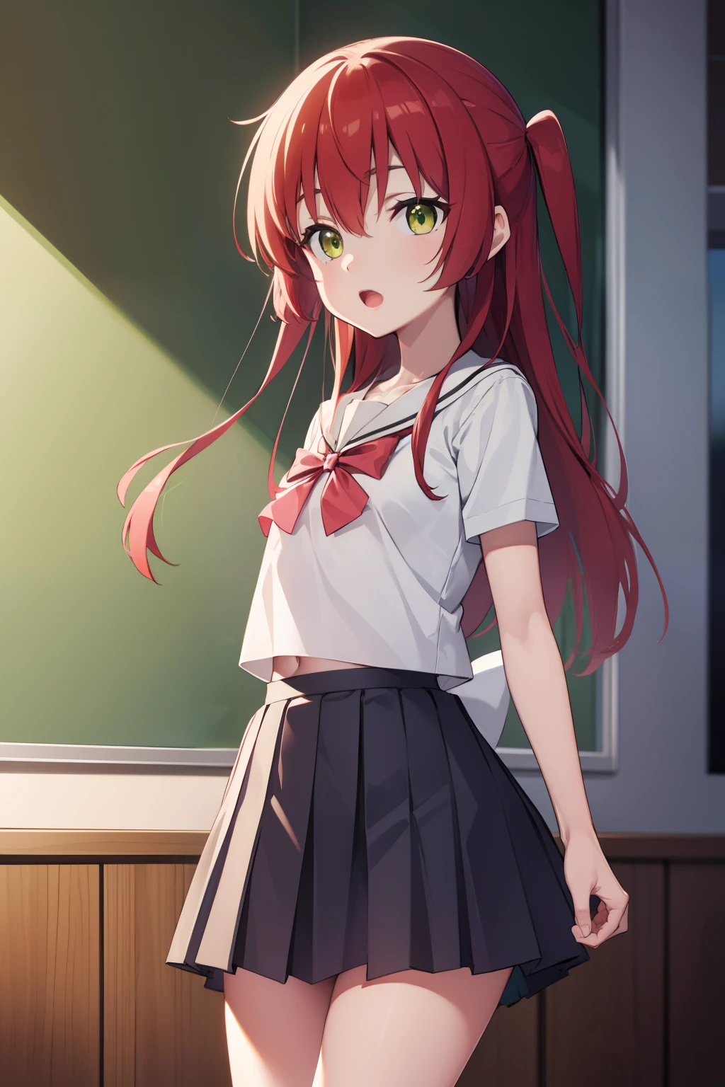 kitaikuyo, ikuyo kita, (green eyes:1.5), hair between eyes, long hair, one side up, red hair, (flat chest:1.2),
BREAK black footwear, black skirt, grey sailor collar, pleated skirt, sailor collar, school uniform, shoes, short sleeves, shuka high school uniform, skirt,,
BREAK looking at viewer,
BREAK indoors, classroom,
BREAK (masterpiece:1.2), best quality, high resolution, unity 8k wallpaper, (illustration:0.8), (beautiful detailed eyes:1.6), extremely detailed face, perfect lighting, extremely detailed CG, (perfect hands, perfect anatomy),up chest.big breasts.Sad face.open mouth.