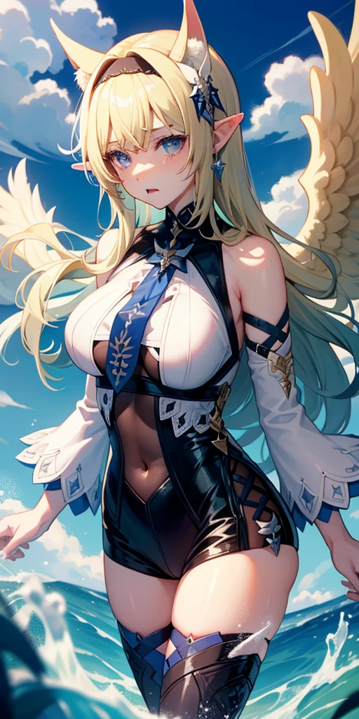 1 girl, game cg, valkyrie armor, angel wings, sideboob, under boob, belly button visible, thighs, loincloth, gigantic breasts, blonde, middle hair, side ponytail, green eyes, smile, magic attack, Rays of light, simple background ,