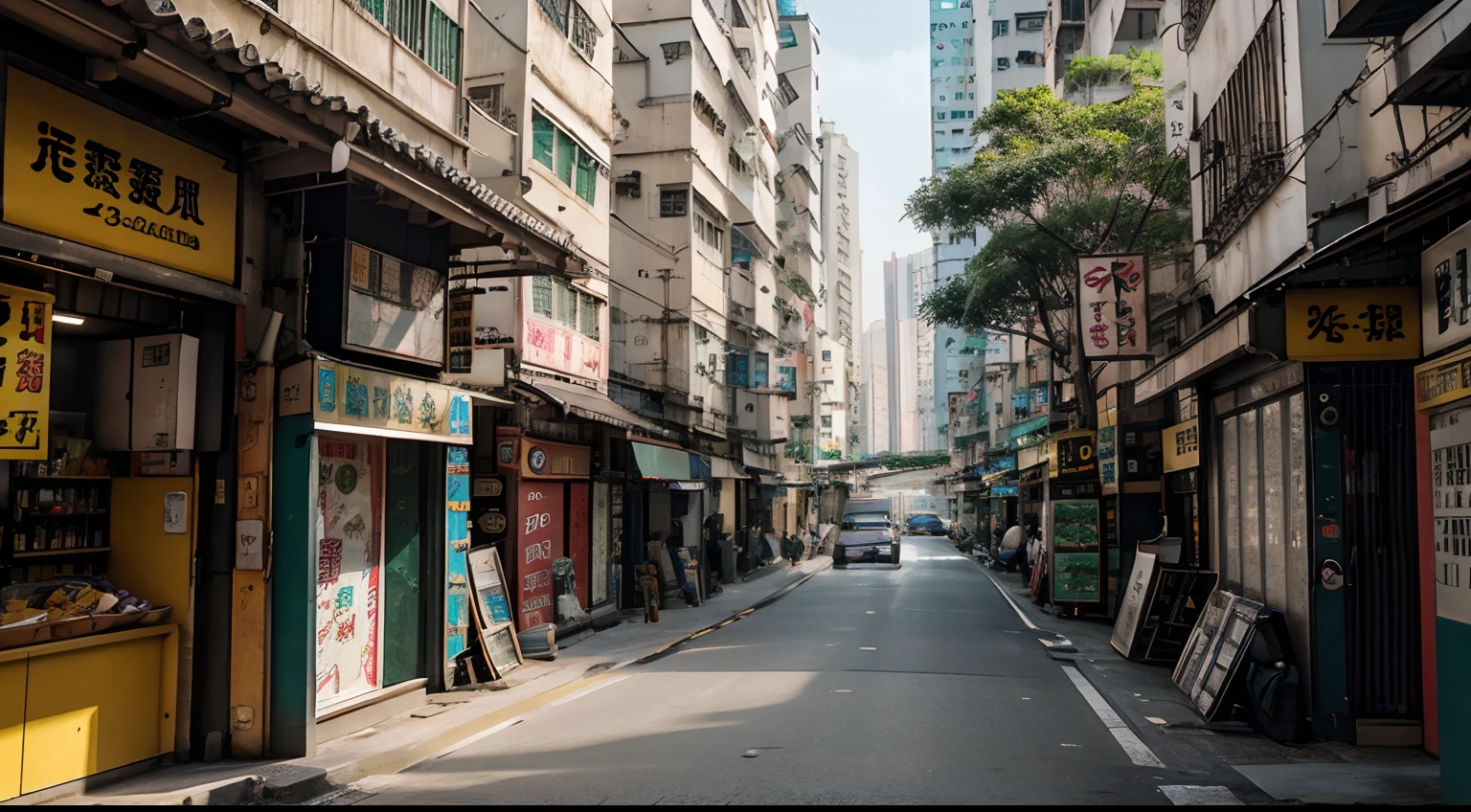 a hyper realistic photography of hong kong, no people, Nikon D850 DSLR 4k camera, 100mm lens, F 1.2 aperture setting, bright and natural lighting, vibrant, fun and relaxing atmosphere
