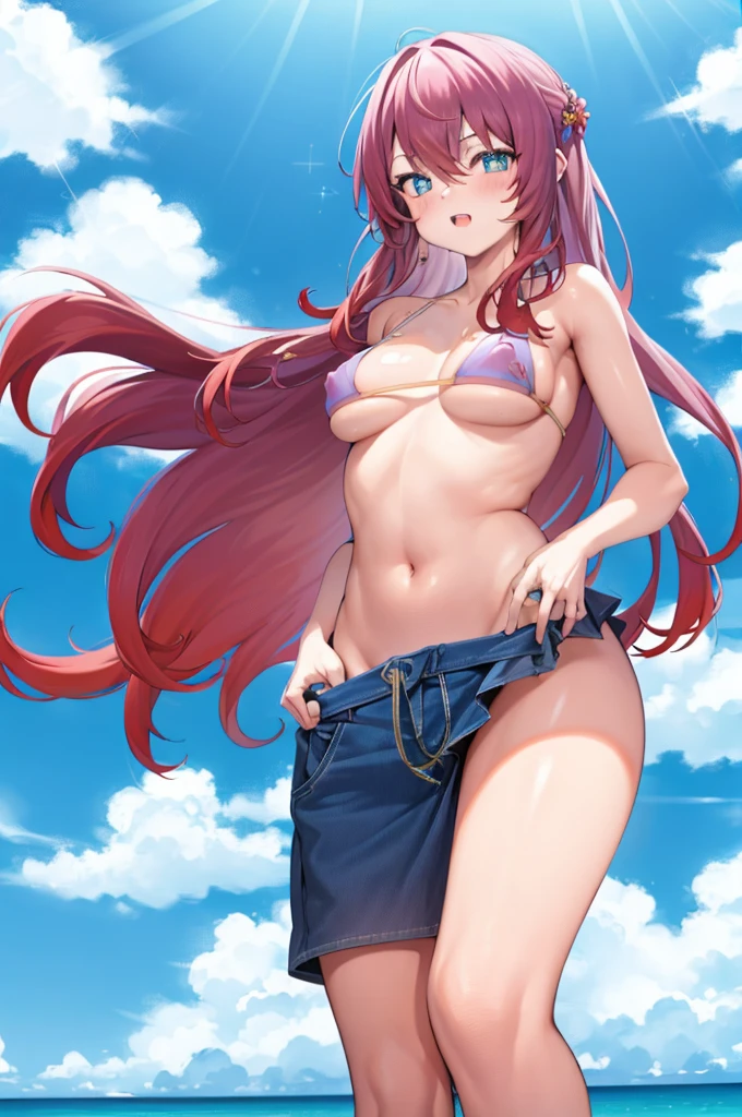 Masterpiece, Best quality, 1girll, Cephalosporus spp, 1girll, Blue eyes, multicolored hair, Solo, midriff, navel, Bikini, , NSFW, Beach background, Blue sky, Sunshine
