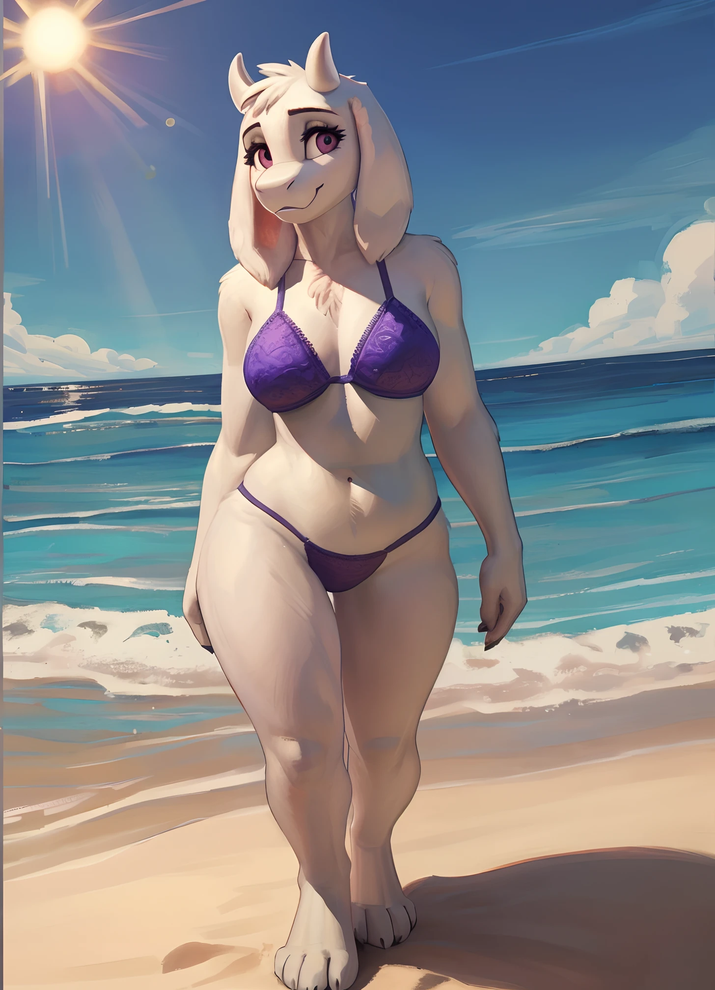 [toriel], [Undertale], [Uploaded to e621.net; (Pixelsketcher), (wamudraws), (woolrool)], ((masterpiece)), ((HD)), ((high quality)), ((solo portrait)), ((front view)), ((feet visible)), ((furry; anthro)), ((detailed fur)), ((detailed shading)), ((beautiful render art)), ((intricate details)), {anthro goat; white fur, white nose, cute maroon eyes, (short eyelashes), (short goat horns), short fluffy tail, (medium boobs), (gorgeous wide hips), (thick thighs), (beautiful legs), (beautiful feet), (cute smile)}, {(purple bikini)), {(standing), (arms at side), (pigeon-toed)}, [background; (beach), (beautiful ocean), (blue sky), (sun rays), (ambient lighting)]