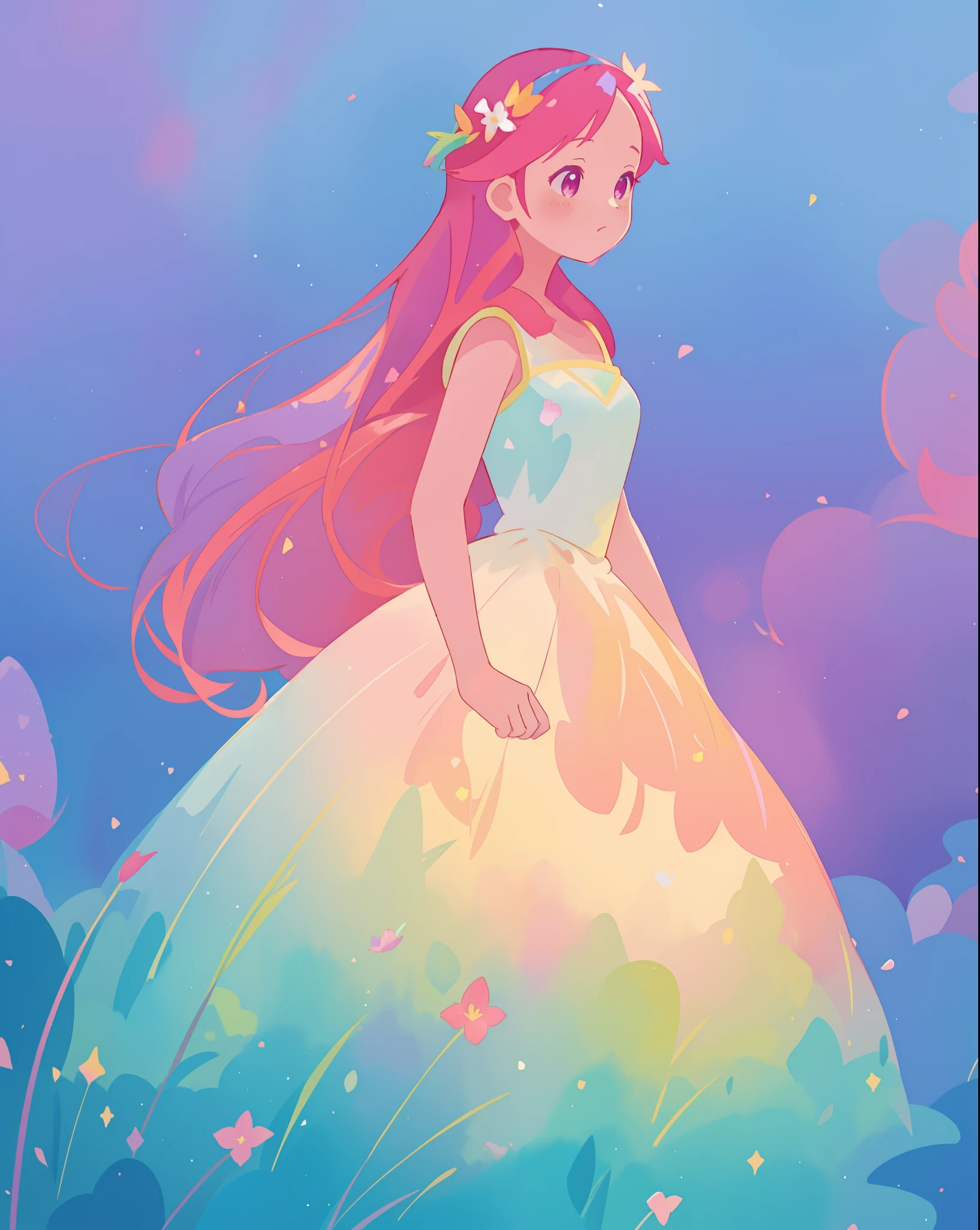 beautiful girl in colorful gradient puffy ballgown, long flowing dark pink hair, colorful fantasia background, sparkling, watercolor illustration, disney art style, beautiful digital illustration, fantasia otherworldly landscape plants flowers, beautiful, masterpiece, best quality, anime disney style