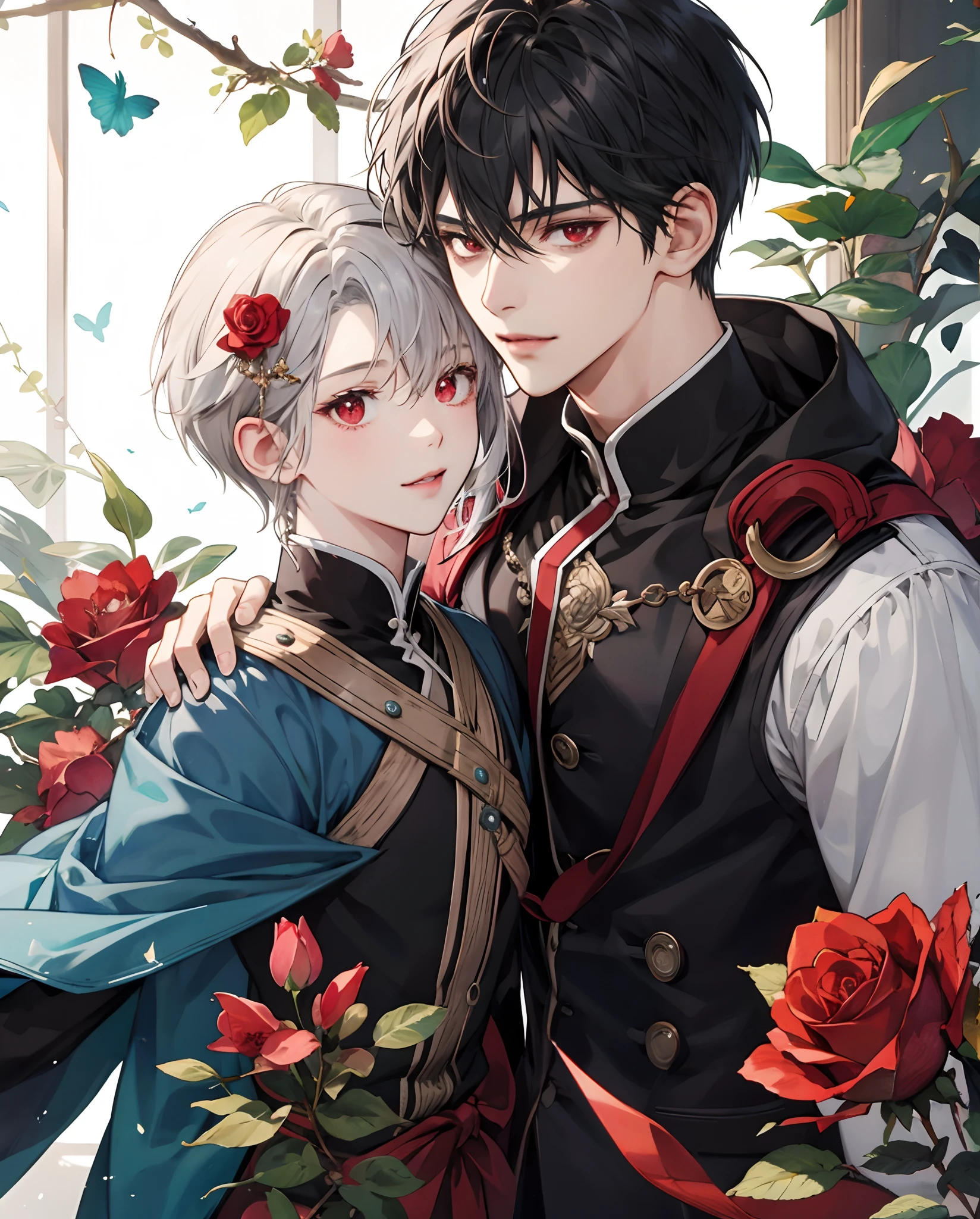 masterpiece、top-quality、超A high resolution、2D Bishonen、animesque、Teenage Boy、greyt hair、short-haired、Rose hair ornament、Beautiful red eyes、The clothes are also depicted in detail、Eyes are depicted in detail、The face is depicted in detail、sorcerer、soio、Gentle smile、hair adornments、animesque、illustratio