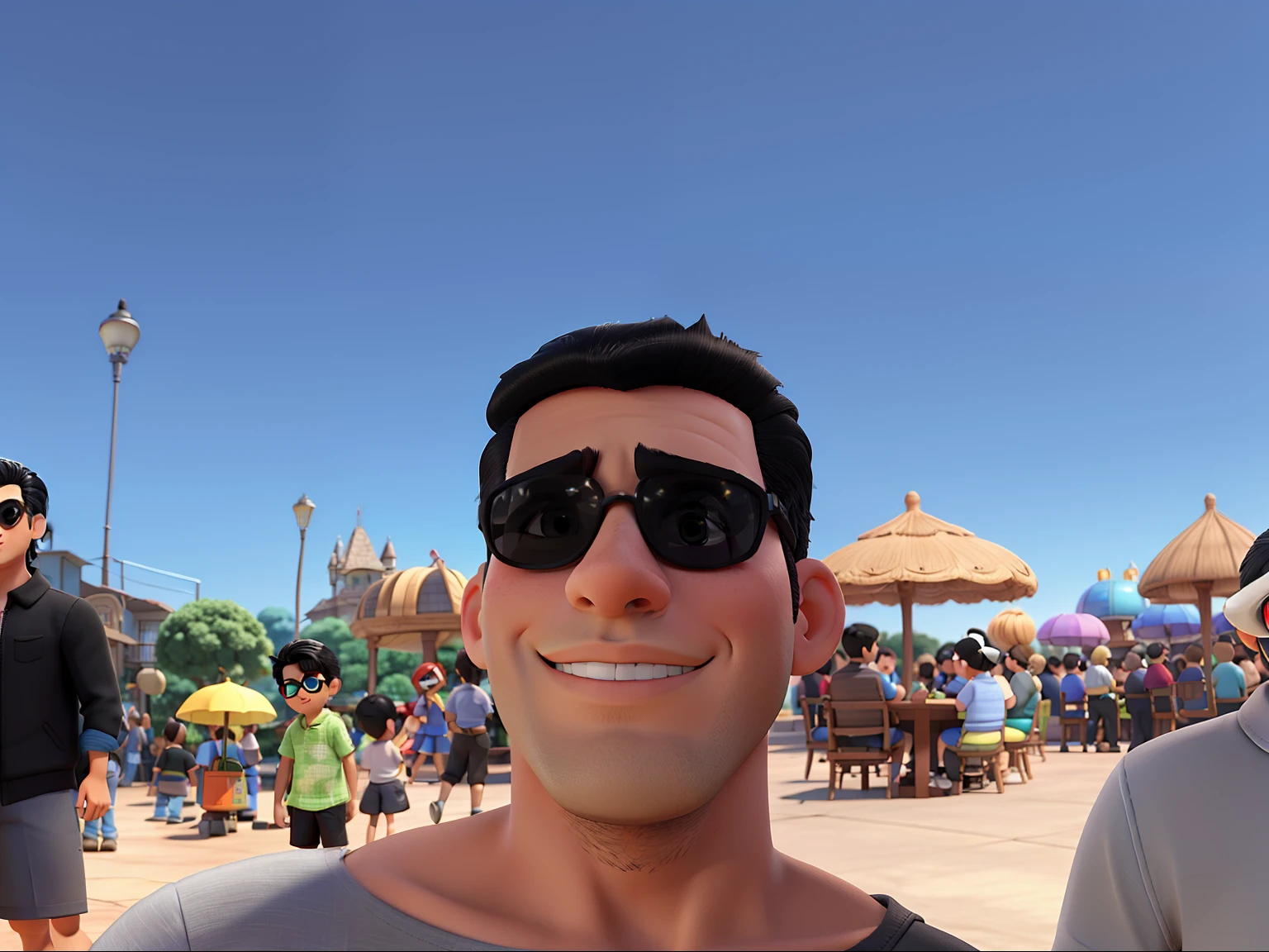 menino estilo disney pixar, cabelo preto arrepiado, Matrix-style black sunglasses