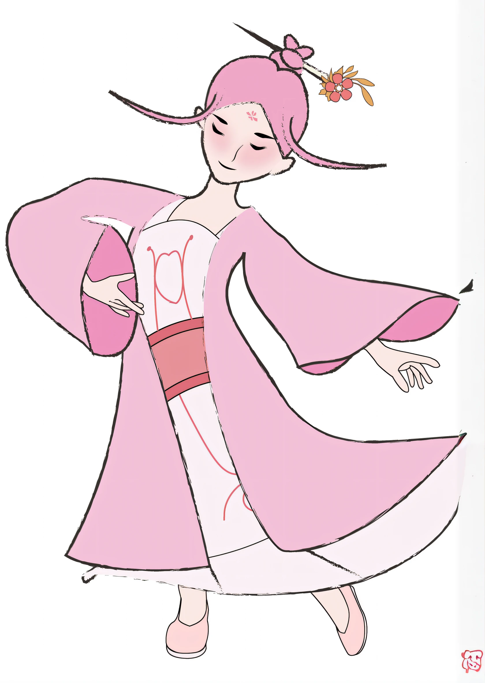 A cartoon girl in a pink dress holding a fan and a pink hat, the non-binary deity of spring, inspired by Josetsu, sakura petals around her, inspired by Tani Bunchō, inspired by Rumiko Takahashi, geisha prima ballerina, inspired by Koryusai Isoda, inspired by Nishikawa Sukenobu