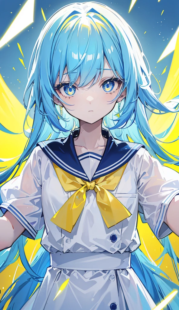 Glowing light bluish yellow,There is hair and pupils,They are also fluorescent,Glowing blue school uniform, Yellow, and white colors,Very gentle and shiny face,It also fluoresces,Overall shine,This is a sweet loli girl