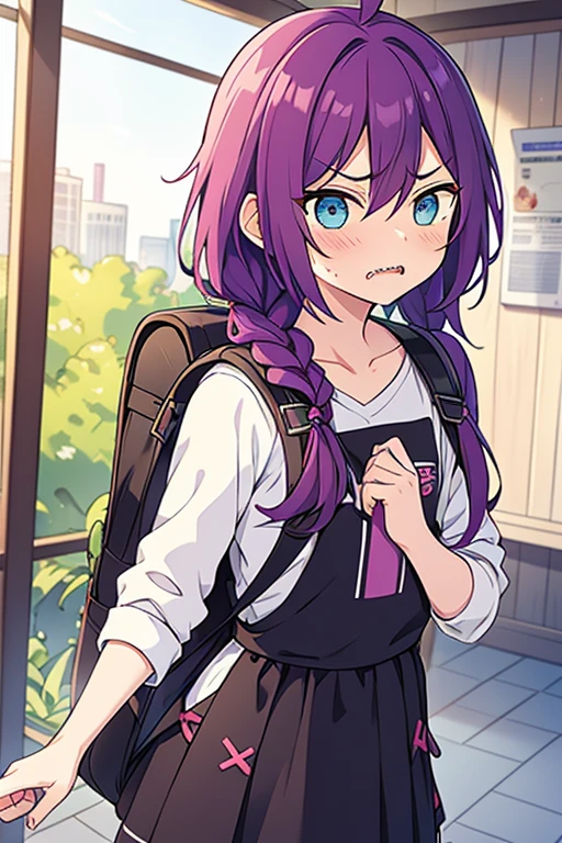 long hair, mole under mouth, purple hair, single braid, hair between eyes, aqua eyes, sharp teeth, ahoge, 1girl, blush, angry, petite, naked, small chest, pussy, cunny, backpack, randoseru, outside