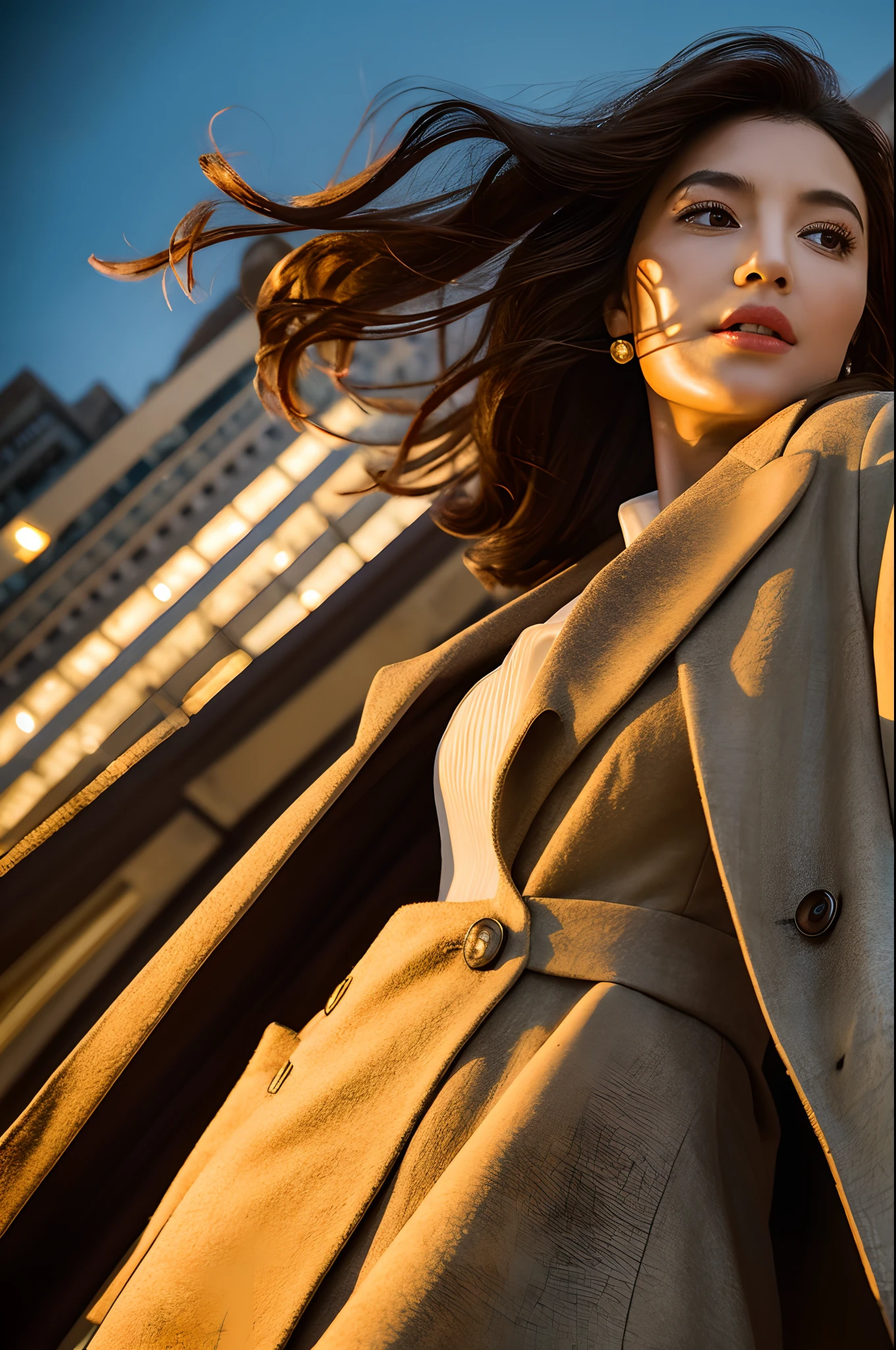 "Compose an image from a low-angle perspective, capturing the woman in a moment of empowered grace. Gaze upward at her confident stature as she meets the camera's eye with determination and warmth reflected in her eyes. Soft lighting plays delicately over her features, accentuating her facial contours. Cascading waves of chestnut hair add a dynamic touch of movement to the scene. She adorns herself in a sophisticated ensemble, perhaps a tailored coat or a flowing dress, emphasizing her self-assured presence. The background should harmonize with her strength, whether an urban landscape or a natural setting. Illuminate this scene with a gentle glow, highlighting the captivating low-angle view and celebrating her powerful essence."