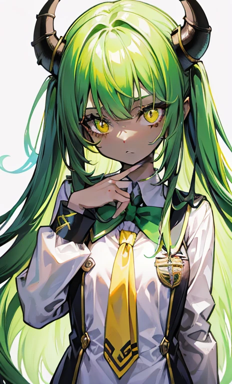 Long green hair,Symmetrical six eyes grow on the face,Royal yellow pupils,Glowing brown skin,in school uniform,This is a very cute weird little devil girl