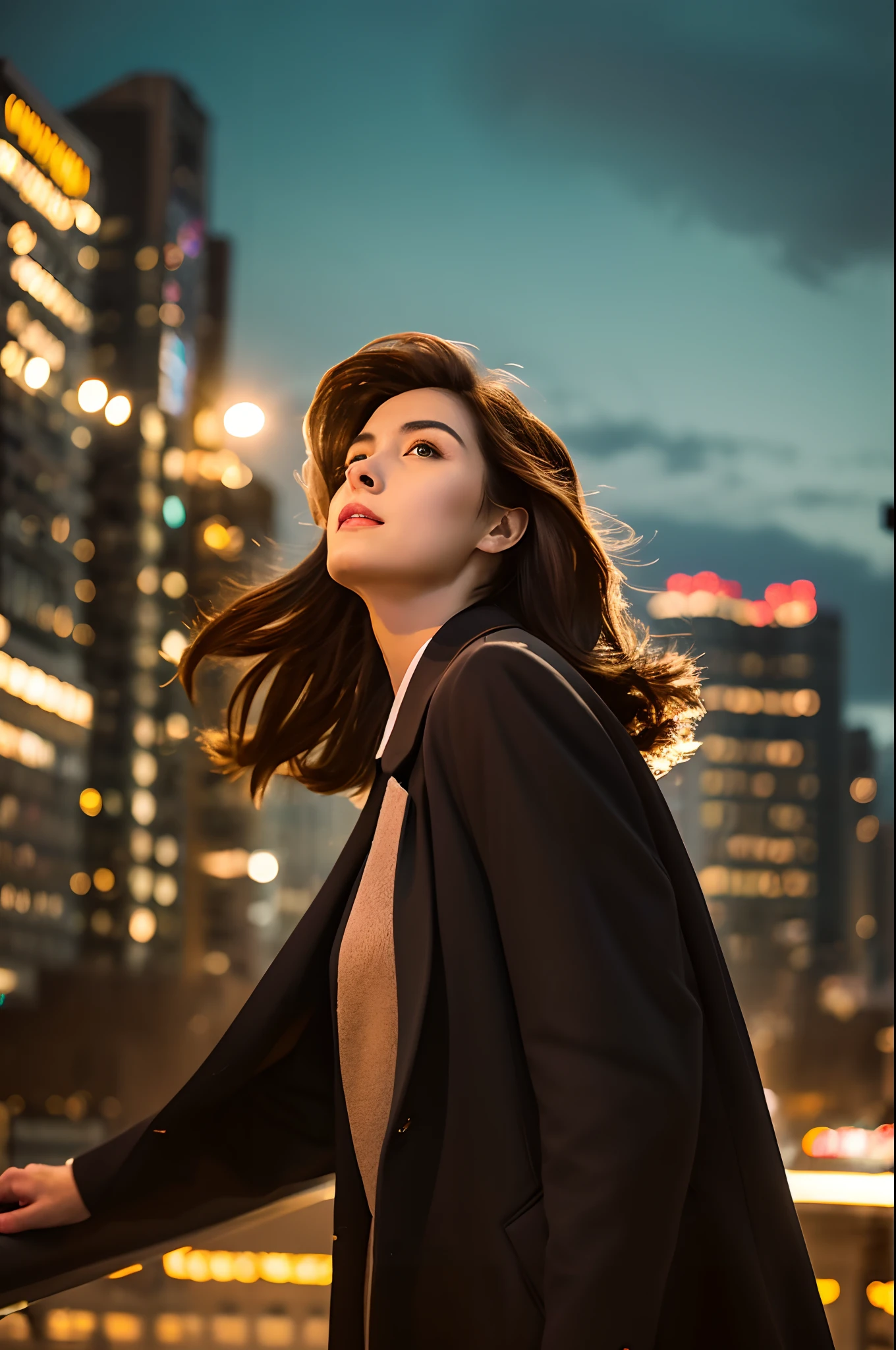 "Compose an image from a low-angle perspective, capturing the woman in a moment of empowered grace. Gaze upward at her confident stature as she meets the camera's eye with determination and warmth reflected in her eyes. Soft lighting plays delicately over her features, accentuating her facial contours. Cascading waves of chestnut hair add a dynamic touch of movement to the scene. She adorns herself in a sophisticated ensemble, perhaps a tailored coat or a flowing dress, emphasizing her self-assured presence. The background should harmonize with her strength, whether an urban landscape or a natural setting. Illuminate this scene with a gentle glow, highlighting the captivating low-angle view and celebrating her powerful essence."