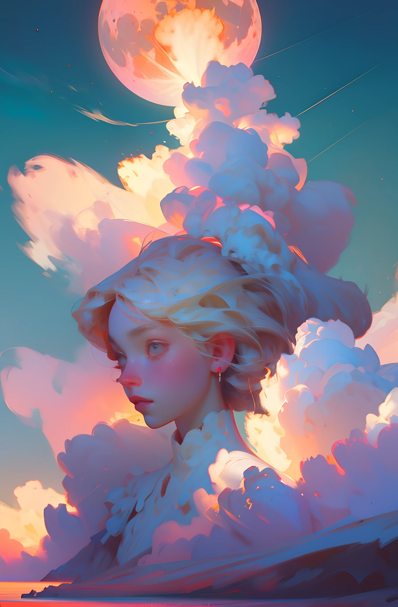 (Need,tmasterpiece),1girl,pose,Particle,ventania,florals,The upper part of the body,simplebackground,looking at viewert,Focus on the face,blonde beautiful,Castle, Flowers, delicate scene, sky, White clouds, and sunlight shine on the snow-white beach. Birds, Pink flowers and bright large shells, diamond crystal, On the beach, fantasy, Night sky, Moon, Smoke, Fire, Photo, HD, 8K, hyper HD, Super detail, High quality, 1080p,(Monet, Impresionismo, Oil painting), A04,,,Focus on the face,