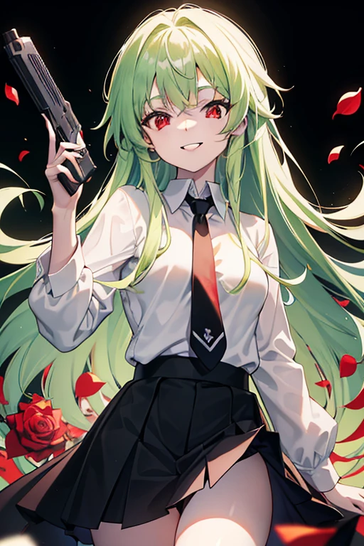 A beautiful girl, Anime style girl, Green hair, Straight hair, Long hair, double tails, Red eyes, white shirt, Black skirt, black necktie, Long slaves, holding gun, with red roses, Dark, Smiling, (Small breasts), 8K, Super detail, Masterpiece, High quality, high resolution, High detail, com rosto detalhado, blissful, HD quality