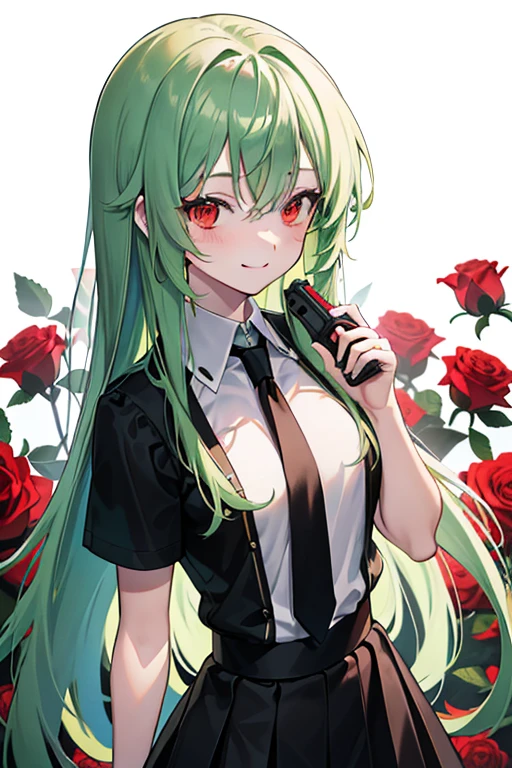 A beautiful girl, Anime style girl, Green hair, Straight hair, Long hair, double tails, Red eyes, white shirt, Black skirt, black necktie, Long slaves, holding gun, with red roses, Dark, Smiling, (Small breasts), 8K, Super detail, Masterpiece, High quality, high resolution, High detail, com rosto detalhado, blissful, HD quality