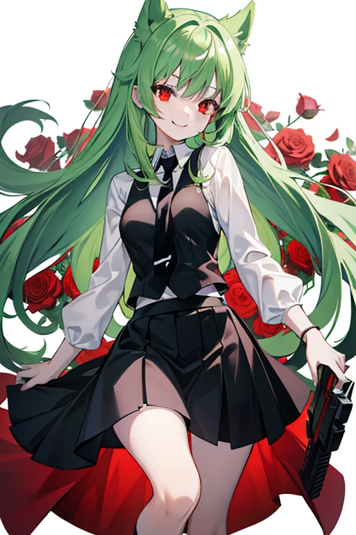 A beautiful girl, Anime style girl, Green hair, Straight hair, Long hair, double tails, Red eyes, white  shirt, Black skirt, black necktie, Long slaves, holding gun, with red roses, Dark, Smiling, (Small breasts), 8K, Super detail, Masterpiece, High quality, high resolution, High detail, com rosto detalhado, blissful, HD quality