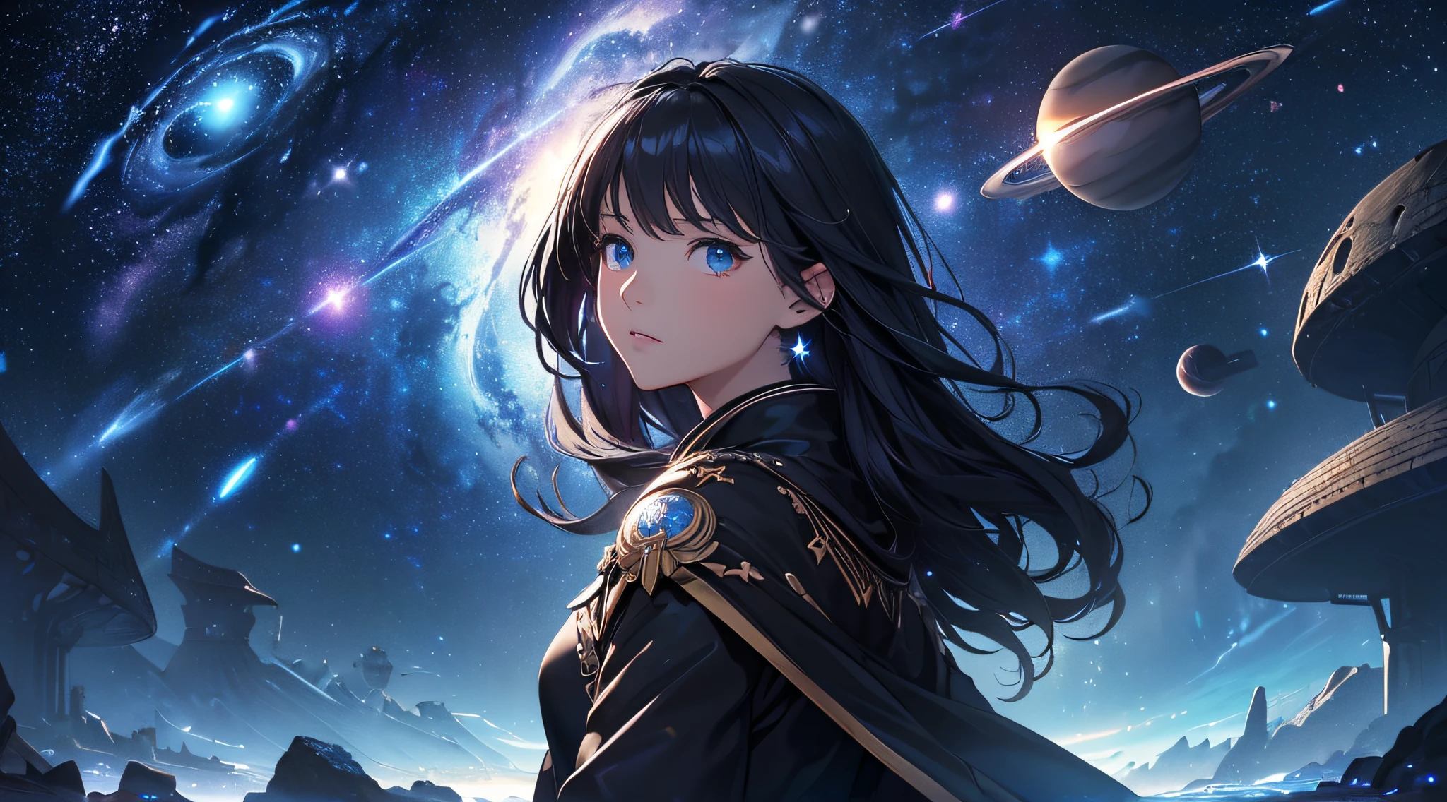 masterpiece、Background with((Fantastic starry sky、kosmos、Meteor swarm、black hole、Irridescent color))、Depth((Luminescent planets))、a beauty girl、onepiece、Luminescent light surrounds the surroundings