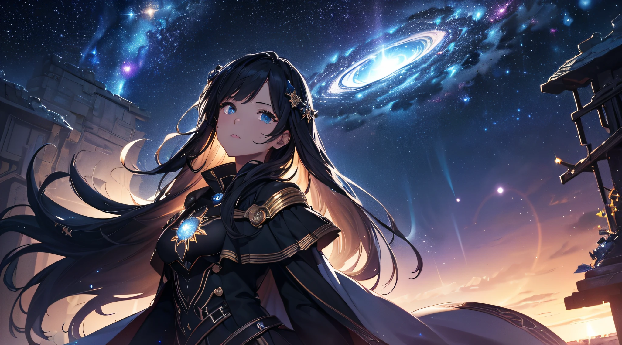 ​masterpiece、Background with((Fantastic starry sky、kosmos、Meteor swarm、black hole、Irridescent color))、Depth((Luminescent planets))、a beauty girl、onepiece、Luminescent light surrounds the surroundings