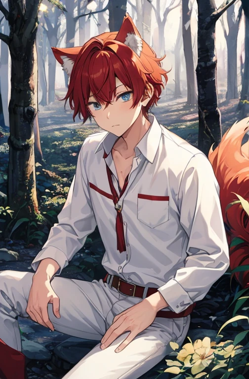 amagi hiiro, boy, red hair, male_focus, pants, blue eyes, solo, pants, shirt, belt, cowboy_shot, white shirt, bangs, brown_pants, long sleeves, closed mouth, collared_shirt, rifle, serious expression, wolf ears, wolf tail, sitting on ground, forest, night