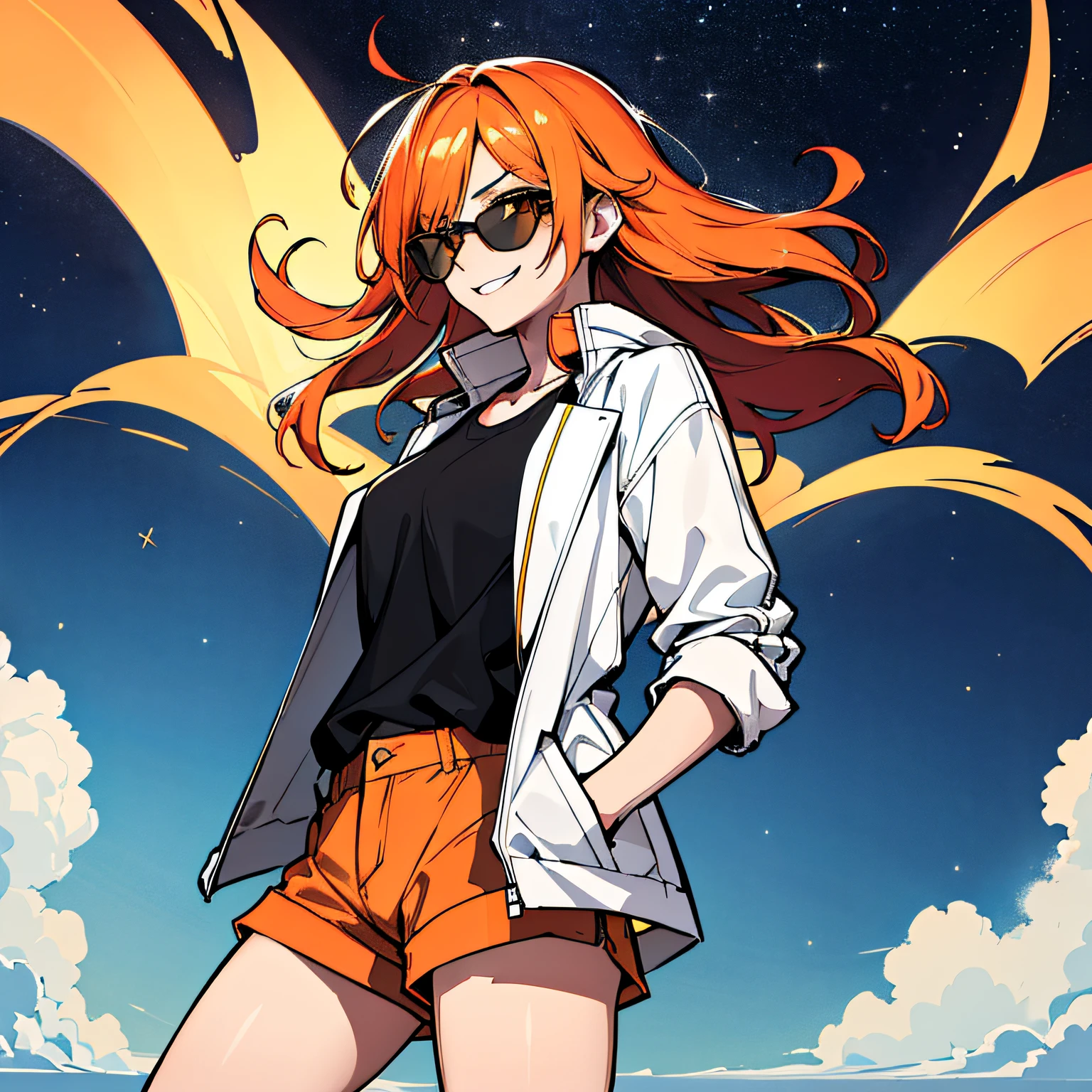 (absurdres, 8k, 4k, masterpiece, hyper extreme detailed:1.2), solo, 1girl, front view portrait, best quality, expressive eyes, perfect face, 1girl, portrait, solo, Female, mature female, adult, red hair, orange gradients, hair covering eye, medium hair, cool, confident, white shorts, wild hair, messy hair, night time, cowboy shot, half body, perfect anatomy, flowing hair, windy hair, wind, fearless, cool, badass, shirt, rugged, golden eyes, starry night sky, stars, night, smirk, badass, heroic, black graphic t-shirt, white jacket, hands in pockets, sunglasses, smirk,