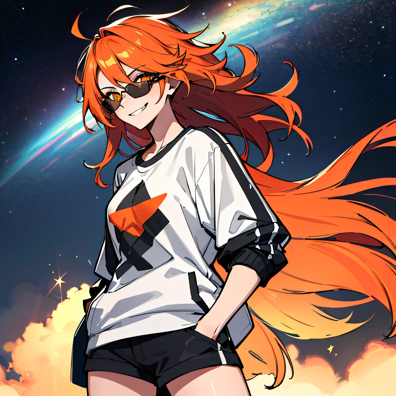 (absurdres, 8k, 4k, masterpiece, hyper extreme detailed:1.2), solo, 1girl, front view portrait, best quality, expressive eyes, perfect face, 1girl, portrait, solo, Female, mature female, adult, red hair, orange gradients, hair covering eye, medium hair, cool, confident, white shorts, wild hair, messy hair, night time, cowboy shot, half body, perfect anatomy, flowing hair, windy hair, wind, fearless, cool, badass, shirt, rugged, golden eyes, starry night sky, stars, night, smirk, badass, heroic, black graphic t-shirt, white jacket, hands in pockets, sunglasses, smirk,