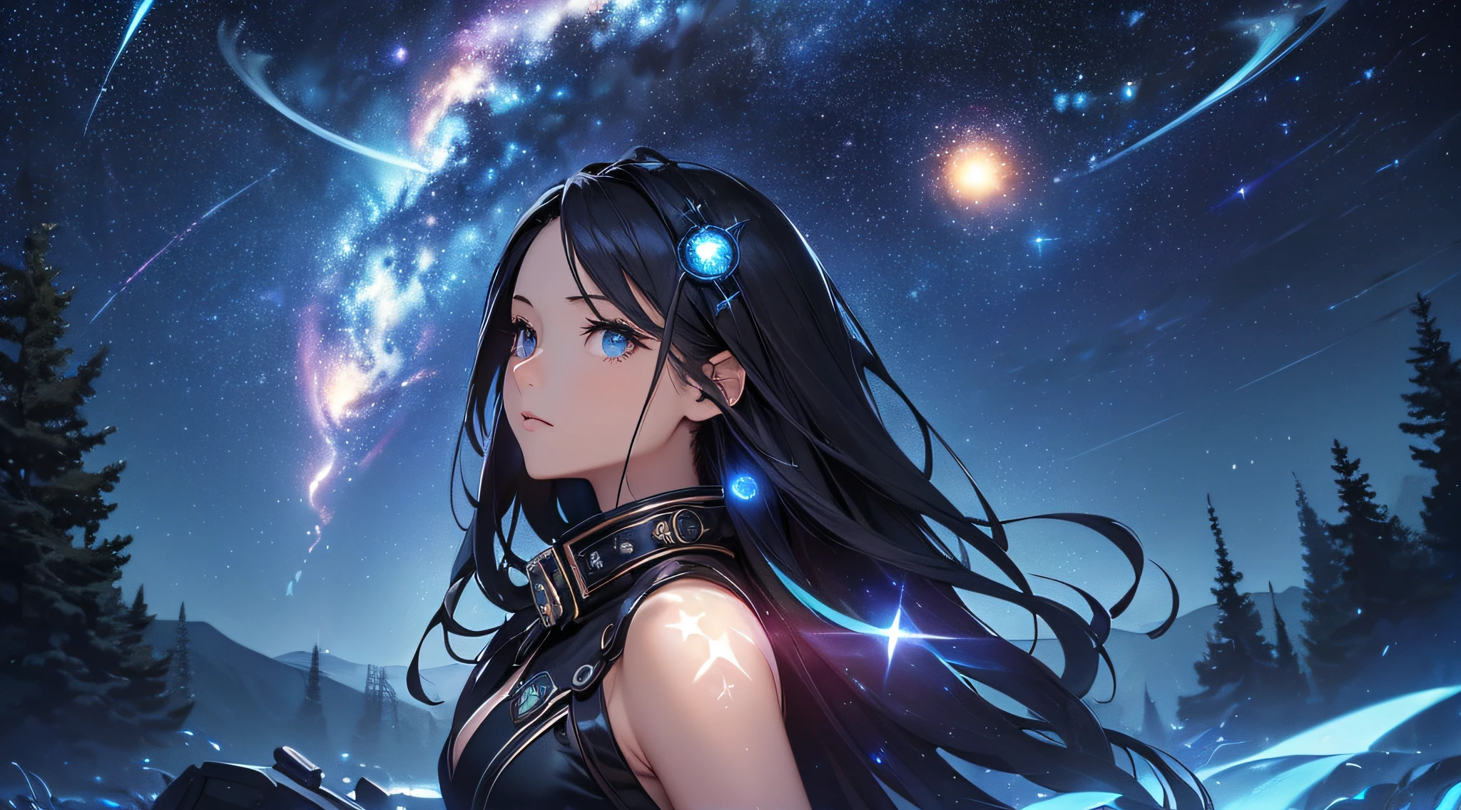 ​masterpiece、Background with((Fantastic starry sky、kosmos、Meteor swarm、black hole、Irridescent color))、Depth((Luminescent planets))、a beauty girl、onepiece、Luminescent light surrounds the surroundings