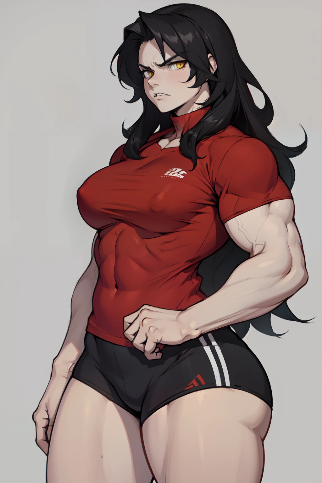 ((1girl)) pale skin large breasts (muscular) toned body thick thighs black hair yellow eyes (long hair grey background) bodybuilder angry tight red shirt