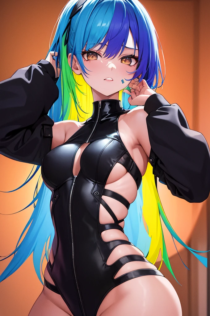 ((masterpiece)), (best quality), (detailed), (1 girl), neon_valfx,neon valorant,solo, 1girl, blue-yellow hair, multicolored hair,  nasal patch, bandaid on face, brown eyes, lips, dark skin, blue hair, white-skinned female, bandaid on nose, looking at viewer, medium breasts, two-tone hair, bare shoulders, simple background, clothing cutout, center opening, leather costume, medium breasts, valorant neon