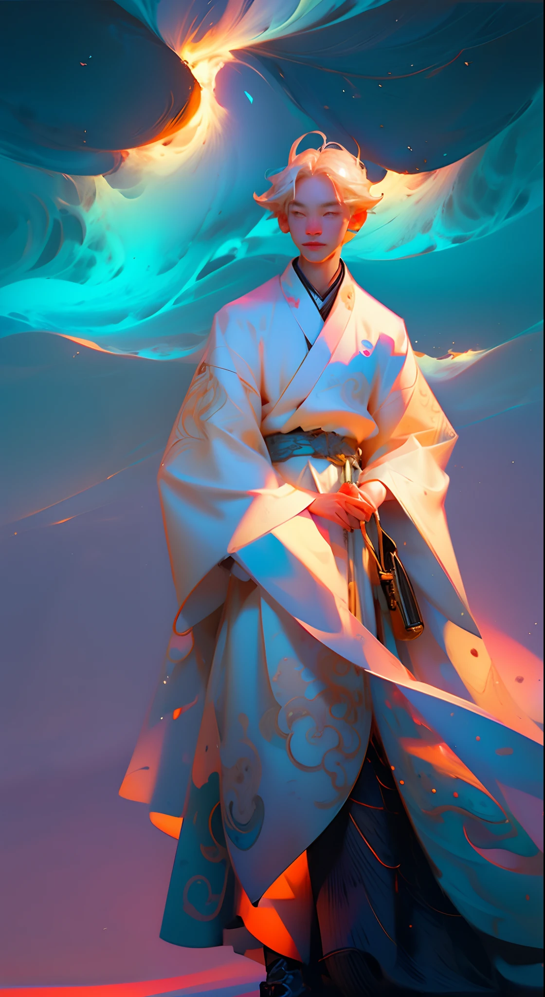 （Best quality at best，tmasterpiece），（Need，tmasterpiece），of a guy，Sitting on the boat, Hanfu, Chinese style, White Hanfu, with acient chinese clothes, simplebackground，looking at viewert，blond hairbl，milky ways，1boy，Particle，ventania，florals，The upper part of the body，simplebackground，looking at viewert，Focus on the face，the ocean，flying birds，rainbowing，​​clouds，03