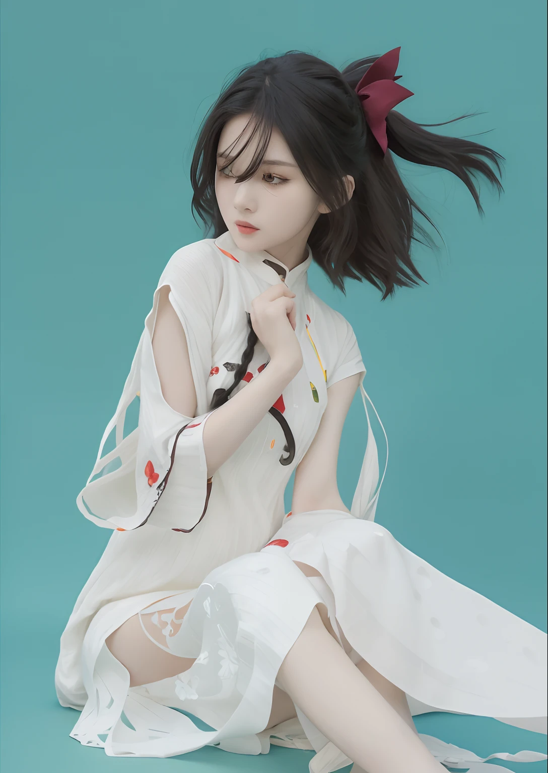 Anime girl with long black hair sitting on the ground, zerochan art, Palace , A girl in Hanfu, zerochan, author:Shitao, komono, Guviz, inspired by Ma Yuanyu, inspired by Kusumi Morikage, artistic renderings of Reimu Hakurei, Inspired by Gao Qipei