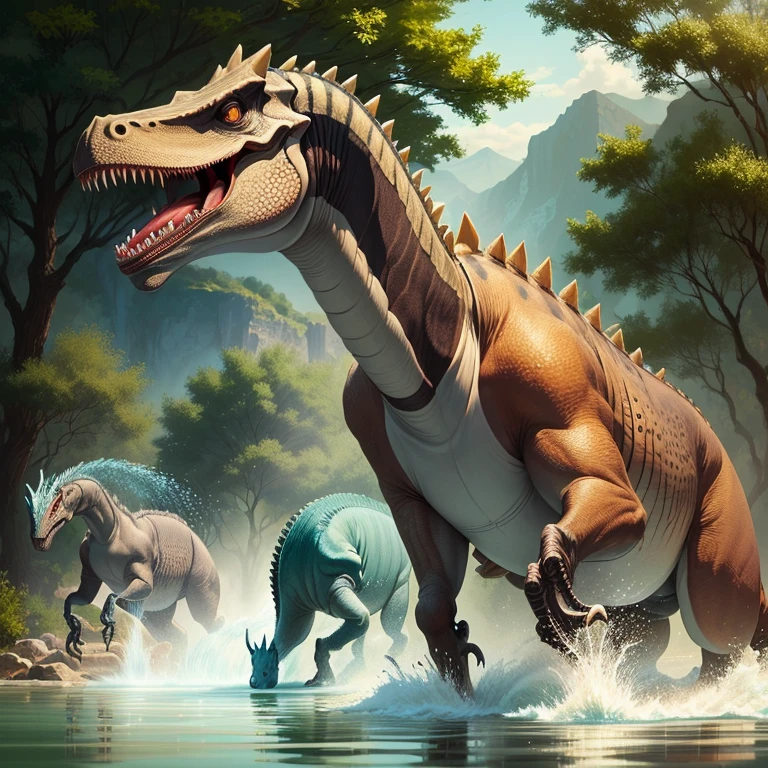 prehistoric dinosaurs playing in the watering hole