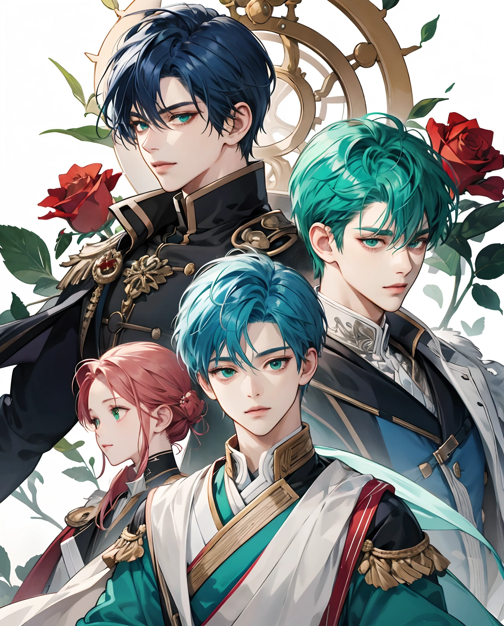 ​masterpiece、top-quality、超A high resolution、2D Bishonen、animesque、Teenage Boy、Blue hair、short-haired、Rose hair ornament、Beautiful green eyes、The clothes are also intricately detailed、Eyes are depicted in detail、The face is depicted in detail、sorcerer、soio、Gentle smile、hair adornments、animesque、illustratio