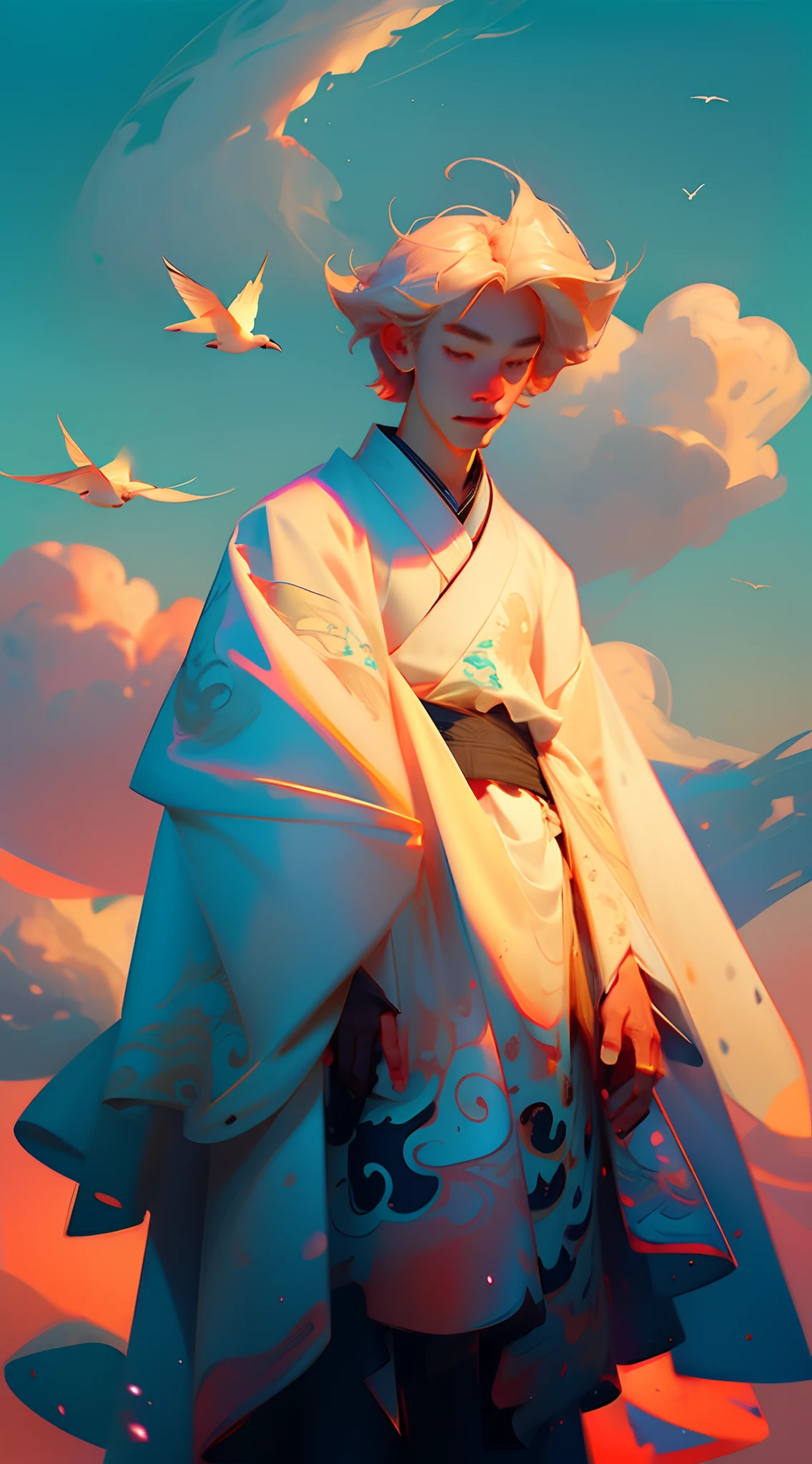 （Best quality at best，tmasterpiece），（Need，tmasterpiece），of a guy，Sitting on the boat, Hanfu, Chinese style, White Hanfu, with acient chinese clothes, simplebackground，looking at viewert，blond hairbl，milky ways，1boy，Particle，ventania，florals，The upper part of the body，simplebackground，looking at viewert，Focus on the face，the ocean，flying birds，rainbowing，​​clouds，01
