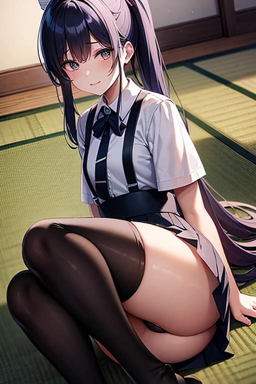 Young girls,double-ponytail,Pale blue hair,red color eyes,JK school uniform,solo person,Maid skirt,white stockings,White knee-length socks,Suspenders,looking to the camera,in a panoramic view,Lying on the couch,Five black males,White T-shirt,denim pant,Smiling at the girl,Masterpiece,Best quality,Japanese style binding,tatami mats,bedroom background,4k,Outstanding work。