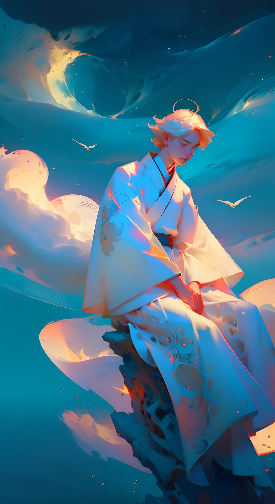 （Best quality at best，tmasterpiece），（Need，tmasterpiece），of a guy，Sitting on the boat, Hanfu, Chinese style, White Hanfu, with acient chinese clothes, simplebackground，looking at viewert，blond hairbl，milky ways，1boys，Particle，ventania，florals，The upper part of the body，simplebackground，looking at viewert，Focus on the face，the ocean，Flying birds，rainbowing，​​clouds，03