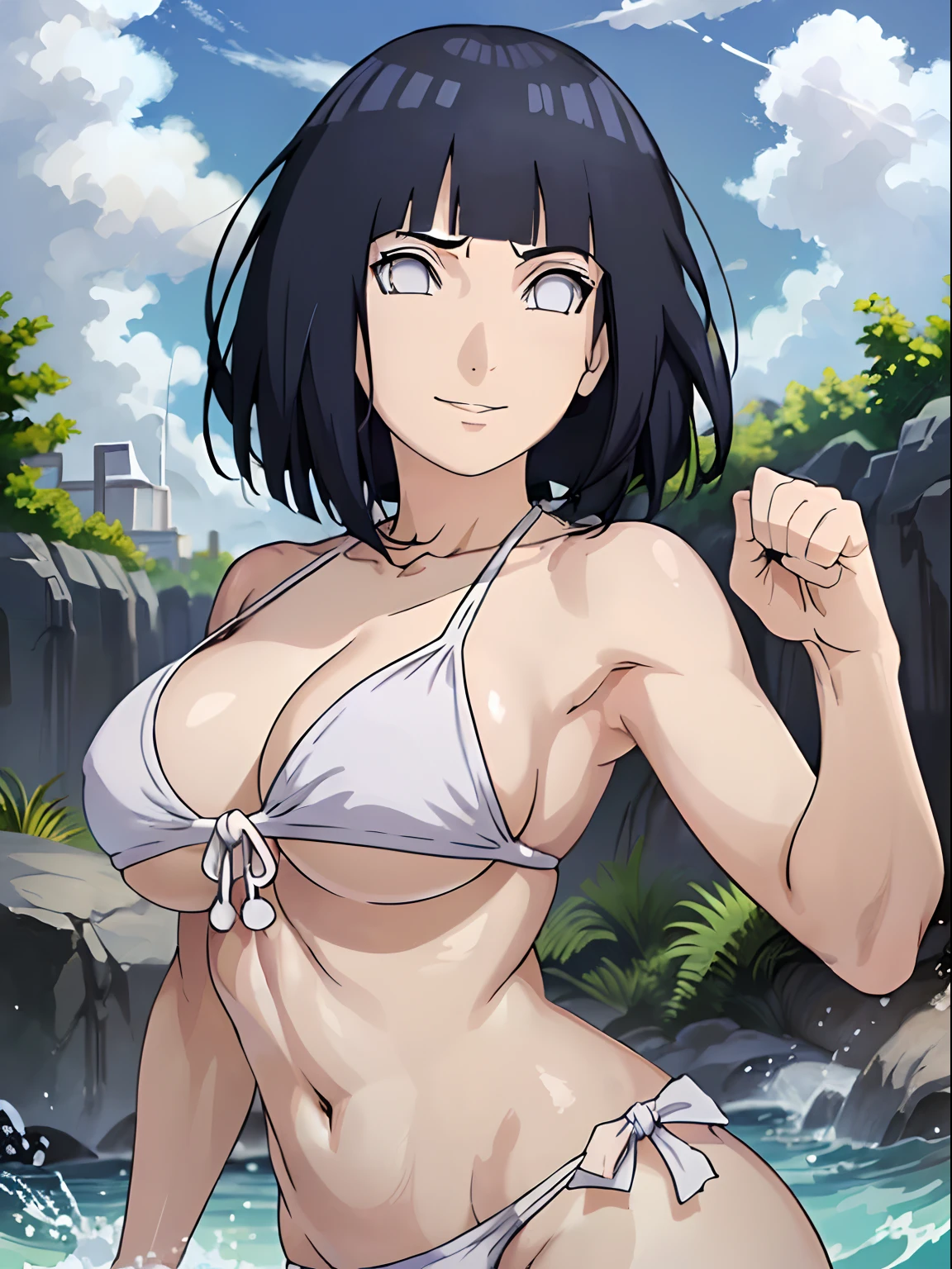wrestler, wind effect, ((thick arms, flexing arm muscles)), beating a man, sky background, anime style, cute , beautiful , nice body, soft body, long belly, (hinata\(boruto\),  (slender body), mature woman , broad shoulders, off-shoulders, untied (white bikini only,  bare arms, bare hands), smile, closed mouth, pale skin, cute, smile, (dark blue hair color:1.1), wavy hair, floating hair, ((very short hair, hime cut), big breasts, (only one arm stretching), long belly, (closed fists), , (perfect eyes, white sciera, bright eyes, white eyes, anime eyes)