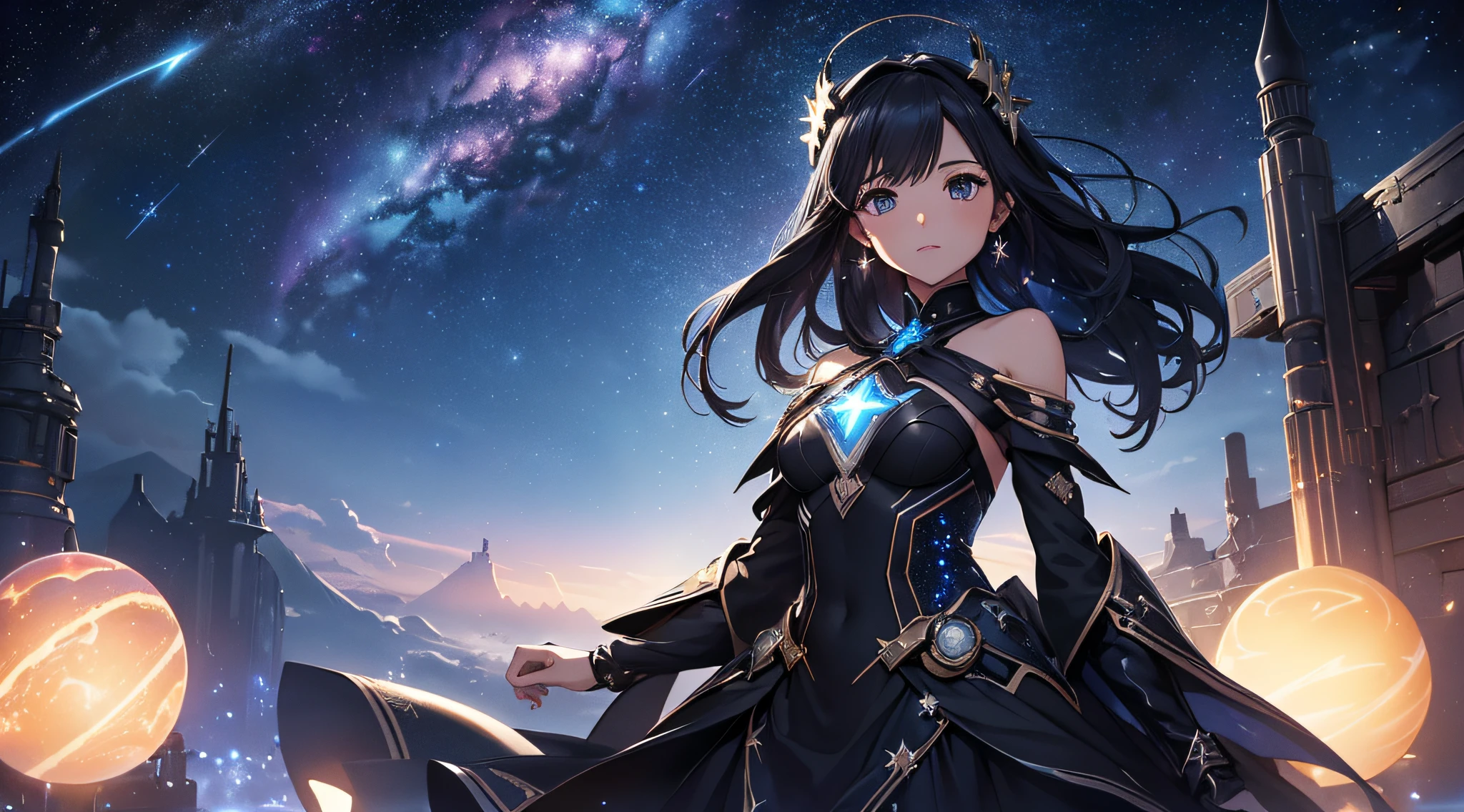 masterpiece、Background with((Fantastic starry sky、kosmos、Meteor swarm、black hole、Irridescent color))、Depth((Luminescent planets))、a beauty girl、Highly detailed one-piece、Shoulder、Luminescent light surrounds the surroundings