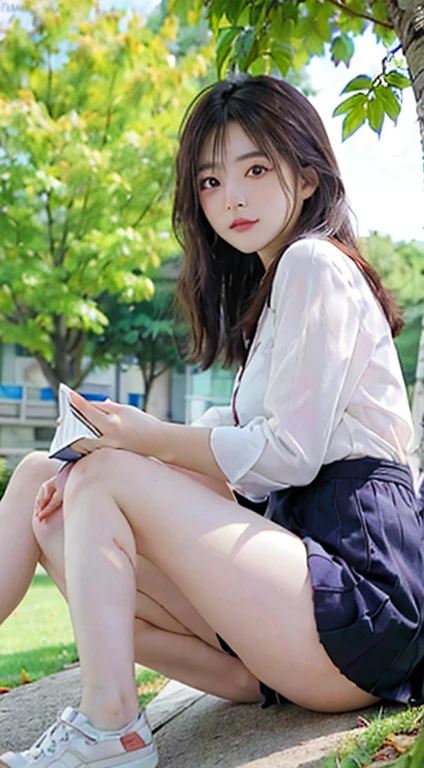 8K分辨率、Ultra-detailed CG footage、1girl in, japanese girl, (Sitting on the grass leaning against a tree, Reading a book, Knees together, Feet apart, up skirt, exposed vagina, (hairy:1.1), (Pubic hair:1.1), (view from front, low angles), Onepiece, Detailed, morning, Sunrise, High resolution, ultra-quality, Super masterpiece, Colored leaves,