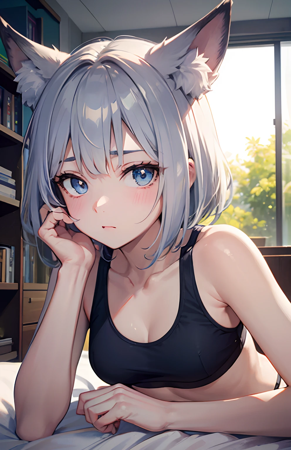 ​masterpiece,Top image quality,hight resolution,imagem 4k,Raw photo,Photorealsitic,{Solo},s girl,Embarrassment,Silver Short Bob,stare at each other,,Blue eyes,小柄,small tits,Silver fox ears,Fox tail,boyish,Lying on the head,waking up,Sportsbra,,