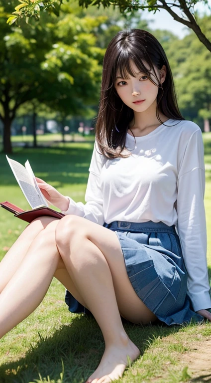 8k resolution、(RAW quality:1.4)、One Girl, 14 years old, (Sit on the grass leaning against a tree, Reading a book, Knees together, Spread your legs, Under the skirt, (White thin panties:1.1), (View from the front, Low angle:1.4), School uniforms, Checkered mini skirt, detailed, Midsummer blue sky, cumulonimbus, High resolution, super high quality, super masterpiece, Young leaves, Cleavage,