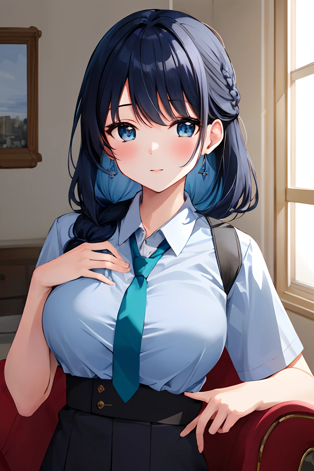 masterpiece, high quality, 8k, beautiful lighting, 1girl, solo, Kurokawa Akane (Oshi no Ko), LoRA, indigo hair, blue green eyes, blue necktie, blue shirt, black pants, waist length hair, mommy, Braid hair below left shoulder, 32 years old, upper body, portrait, bush, looking at viewer, buildings, in a luxurious living room, breast size I cup