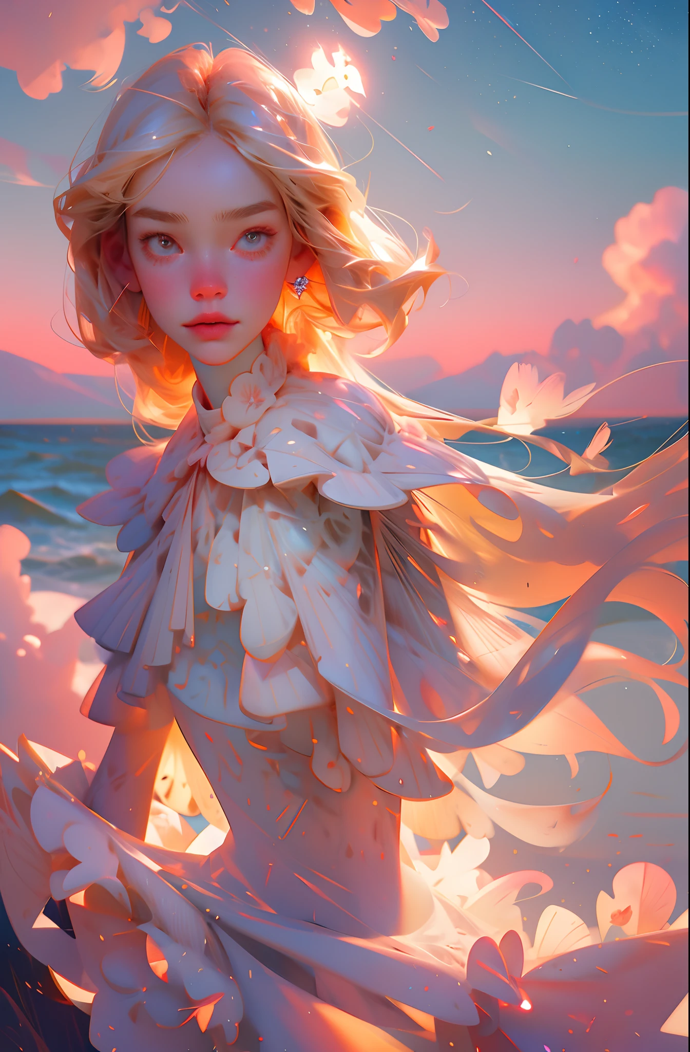 （Need，tmasterpiece），1girll，Pose，Particle，ventania，florals，The upper part of the body，simplebackground，looking at viewert，Focus on the face，blond hairbl，back，Turning Head，Correct anatomy，Detailed face, Detailed eyes，Castle, Flowers, delicate scene, sky, White clouds, and sunlight shine on the snow-white beach. Birds, Pink flowers and bright large shells, diamond crystal, On the beach, fantasy, Night sky, Moon, Smoke, Fire, Photo, HD, 8K, hyper HD, Super detail, High quality, A03,,，