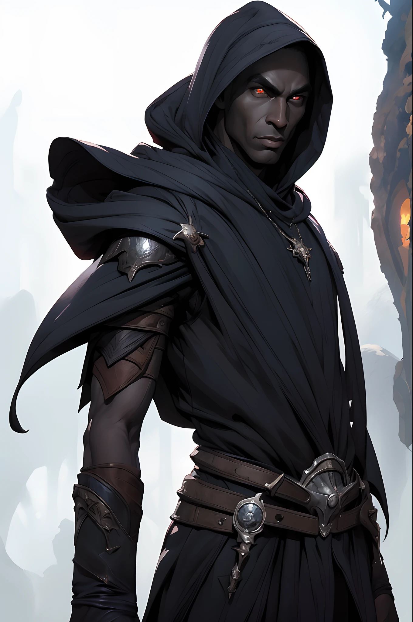 Drow, masculino, orelhas pontudas, sozinho, Hood, pele colorida, diafragma, Olhando para o Viewer, cabelos longos, capa, Elfo Negro, cabelos pretos, capuz para cima, cabo, capuz, belt, Bolsa, olhos vermelhos, pele cinzenta, olhos alaranjados, parte superior do corpo, arma, olhos brilhantes, lips, ((master part, best quality)), Arte de Greg Rutkowski, trending on ArtStation