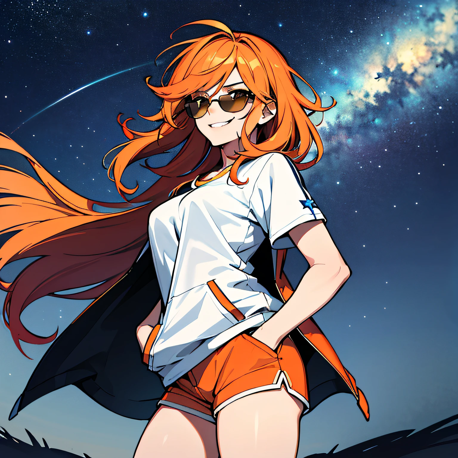 (absurdres, 8k, 4k, masterpiece, hyper extreme detailed:1.2), solo, 1girl, front view portrait, best quality, expressive eyes, perfect face, 1girl, portrait, solo, Female, mature female, adult, red hair, orange gradients, hair covering eye, medium hair, cool, confident, white shorts, wild hair, messy hair, night time, cowboy shot, half body, perfect anatomy, flowing hair, windy hair, wind, fearless, cool, badass, shirt, rugged, golden eyes, starry night sky, stars, night, smirk, badass, heroic, black graphic t-shirt, white jacket, hands in pockets, sunglasses, smirk,